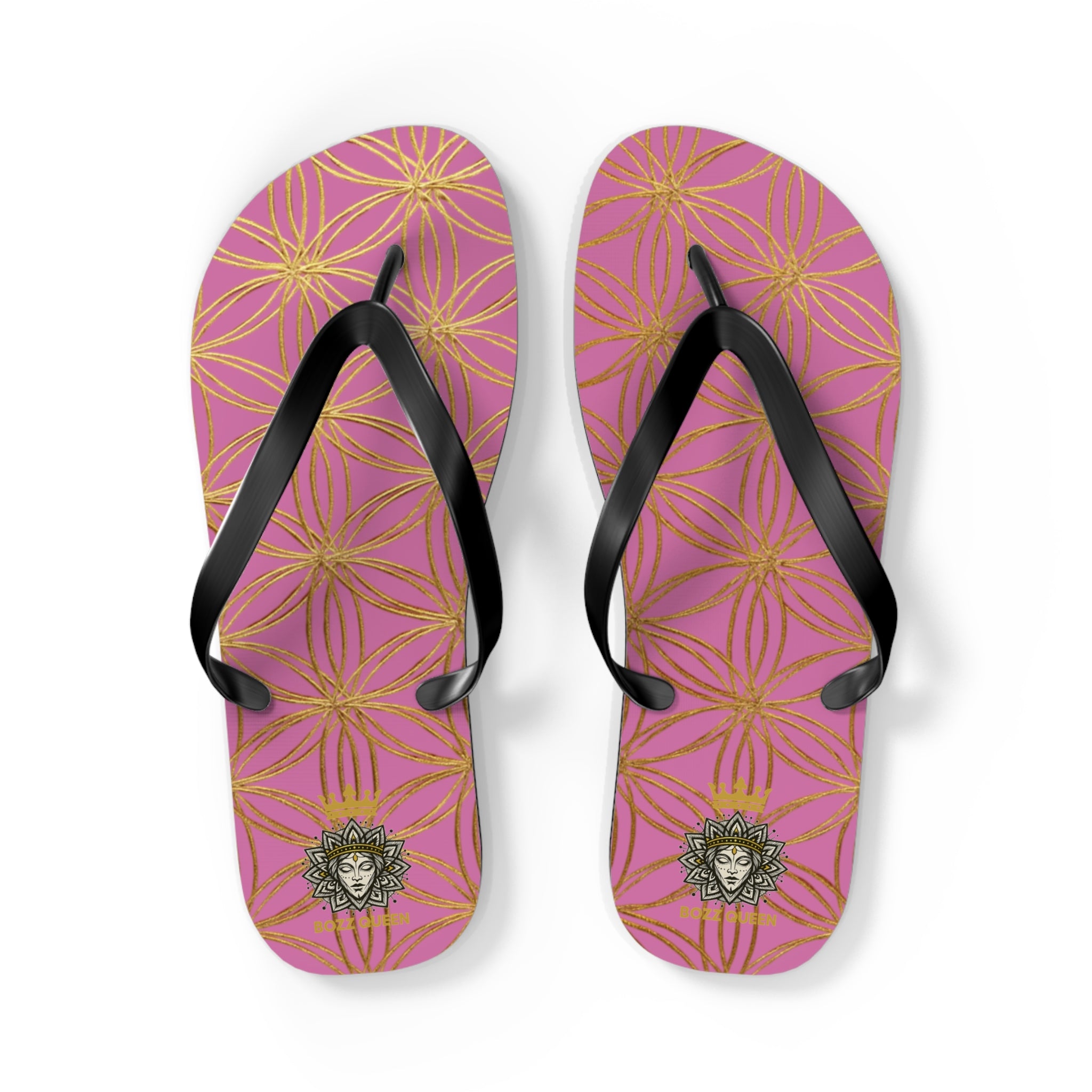 Bozz Queen Light Pink & Gold Flower of Life Flip Flops - Elegant Beach Sandals