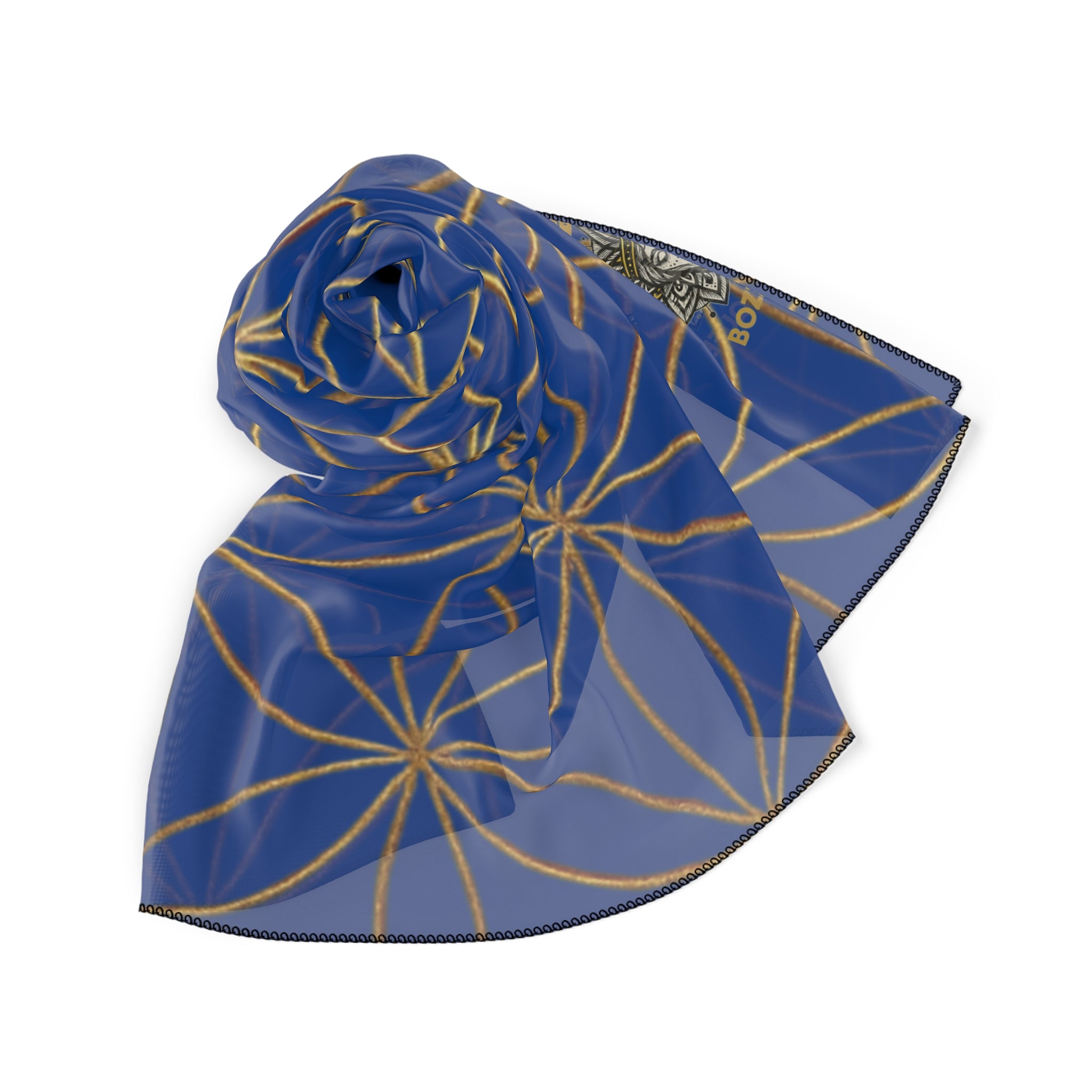 Bozz Queen Flower of Life Scarf - Dark Blue & Gold Elegant Lightweight Poly Scarf