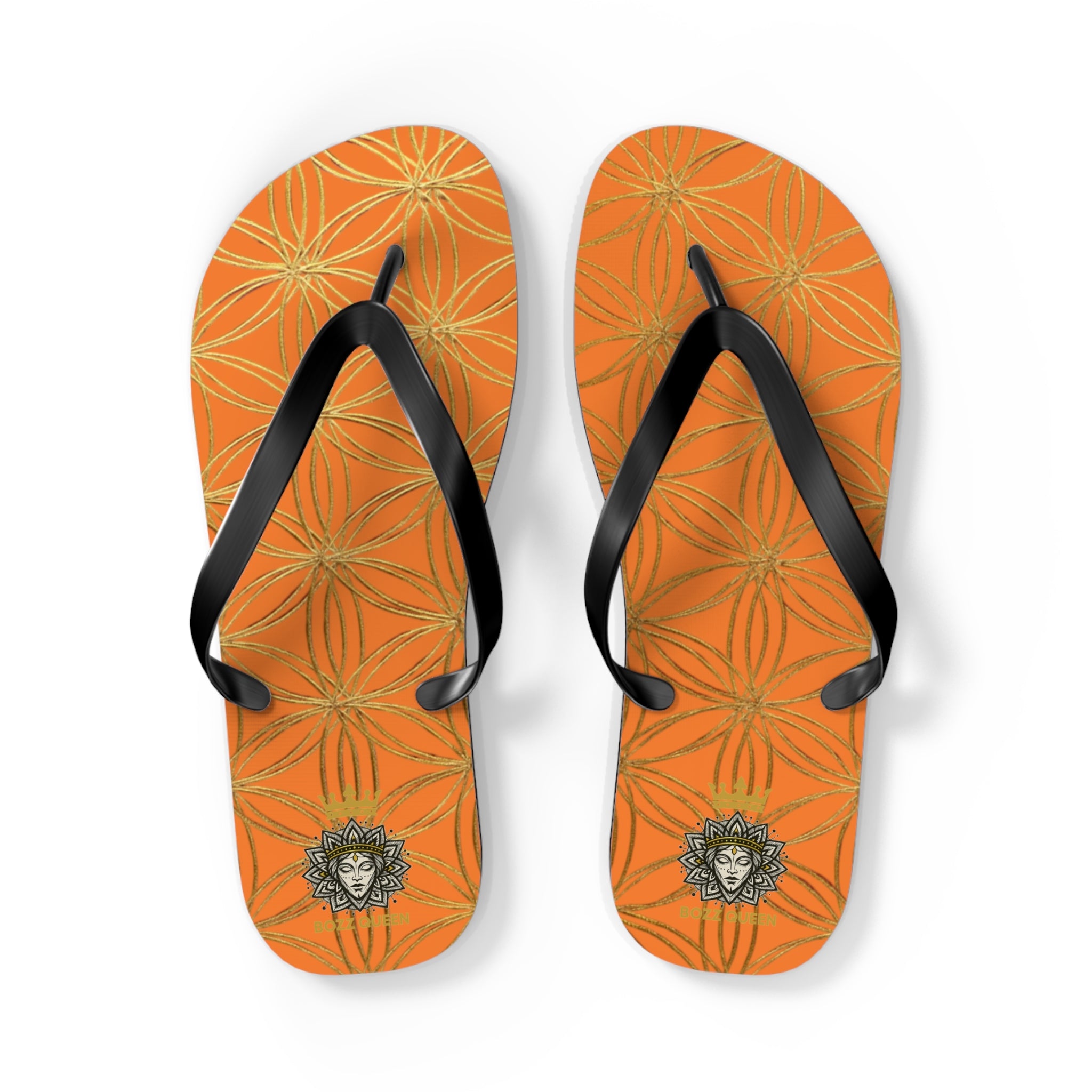 Bozz Queen Light Orange & Gold Flower of Life Flip Flops - Elegant Beach Sandals