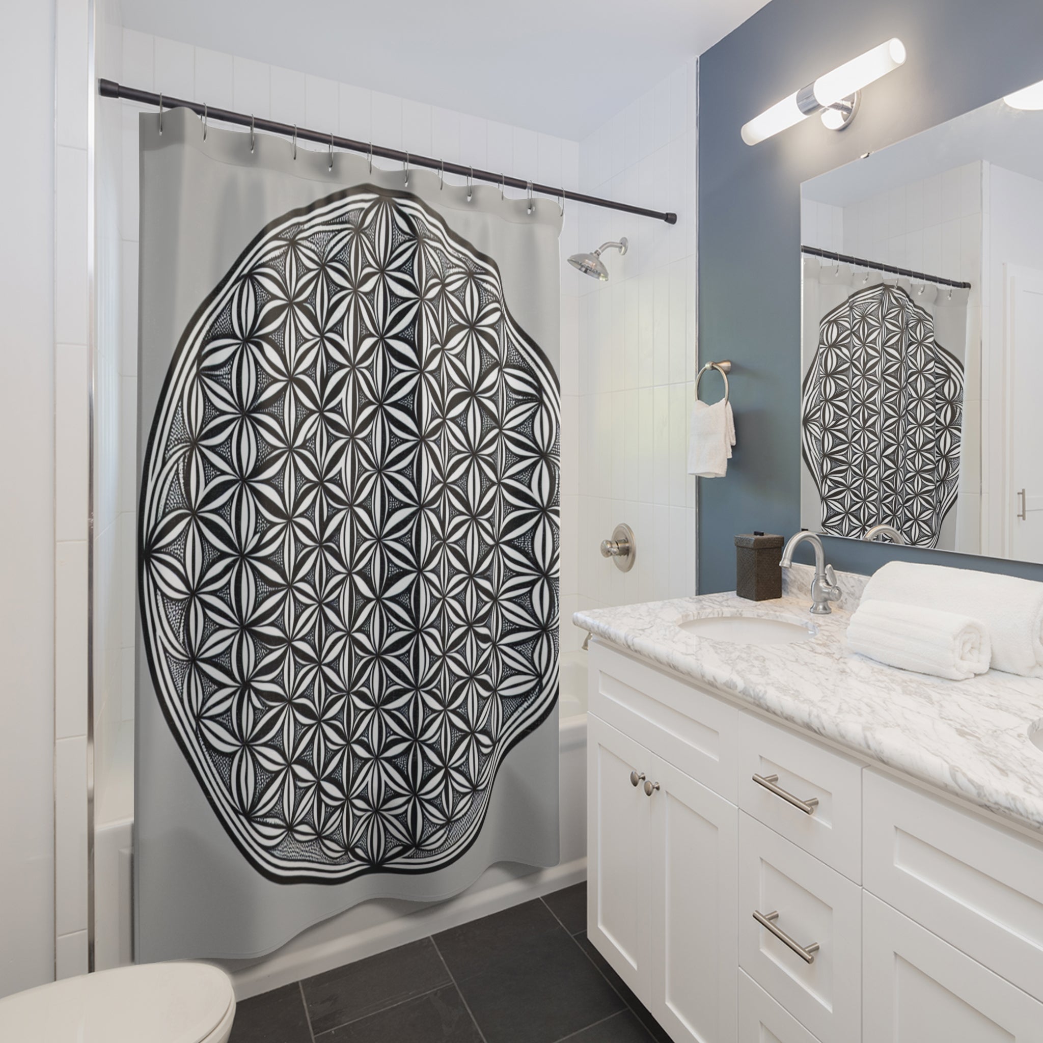 Bozz Queen Elegant Flower of Life Shower Curtain - Sacred Geometry Modern Bathroom Decor, Black & White Design