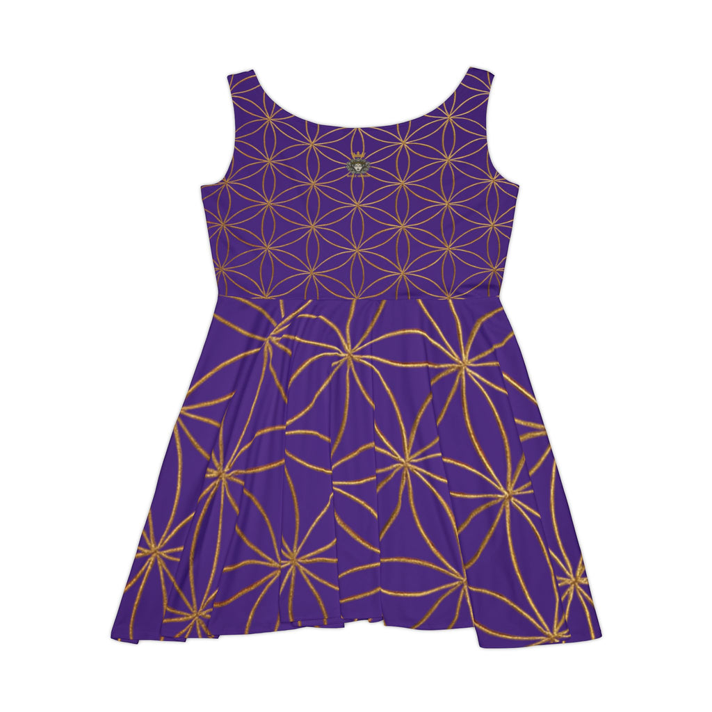Purple Flower of Life Skater Dress - Women's Floral Gold Print Summer Dress