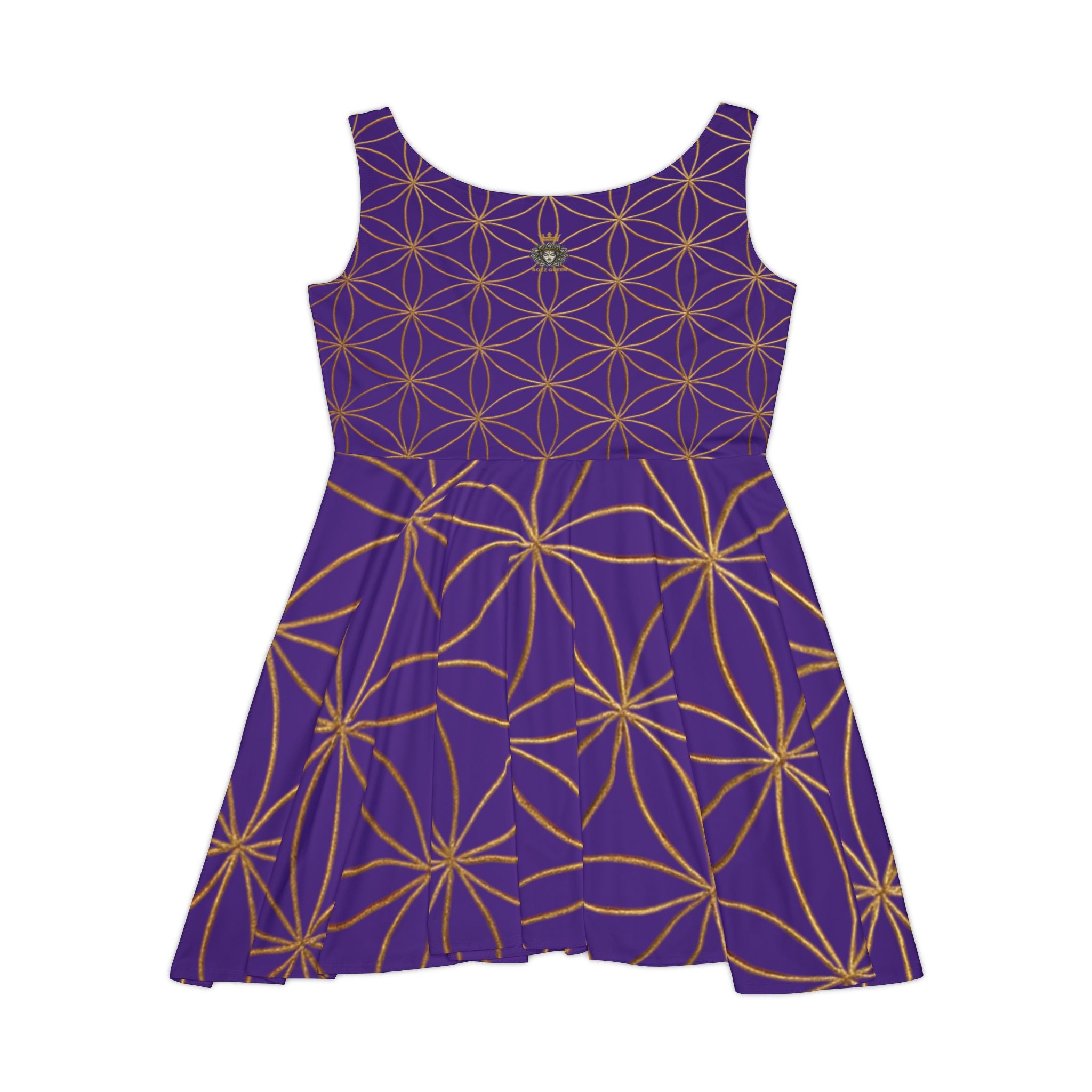 Purple Flower of Life Skater Dress - Women's Floral Gold Print Summer Dress