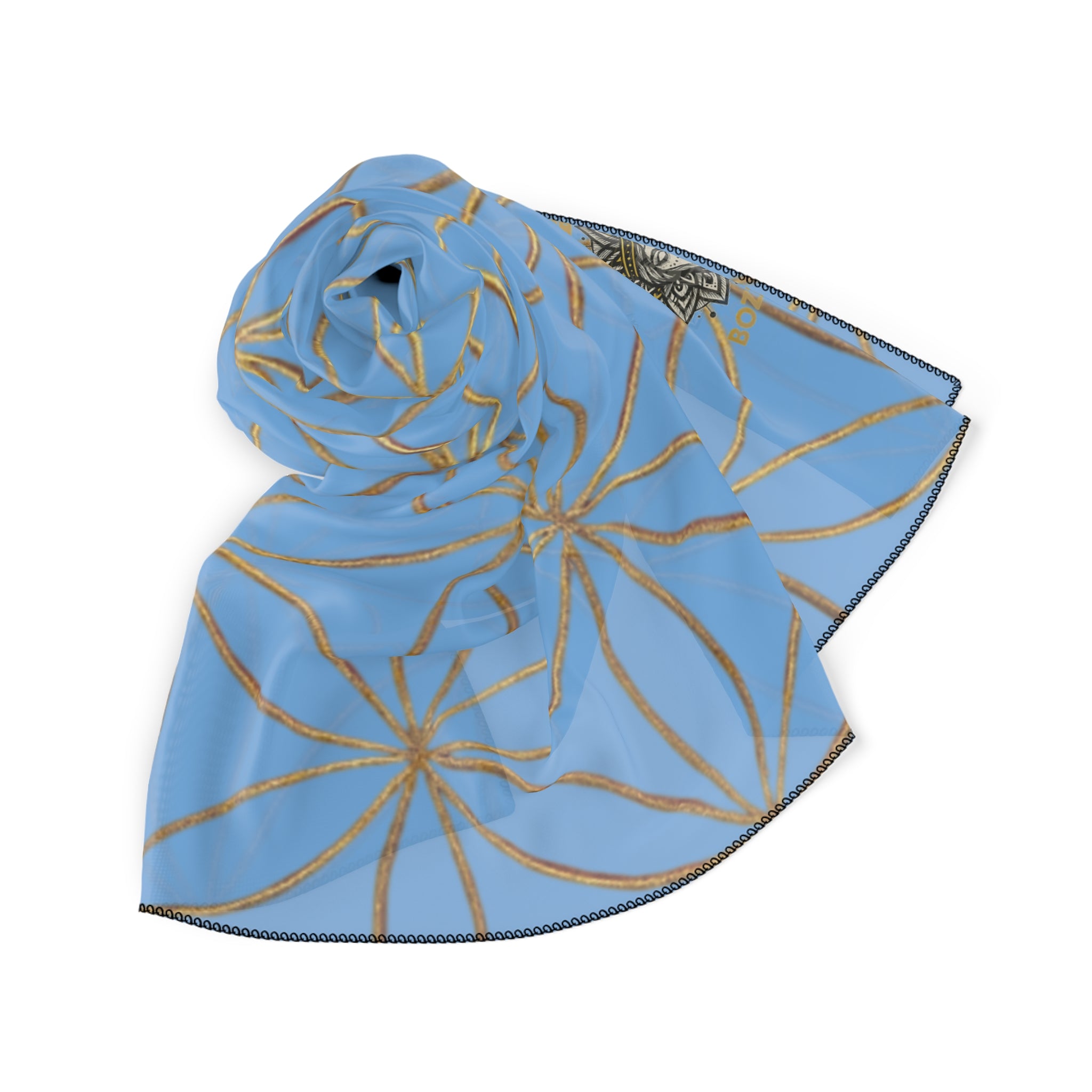 Bozz Queen Flower of Life Scarf - Light Blue & Gold Elegant Lightweight Poly Scarf
