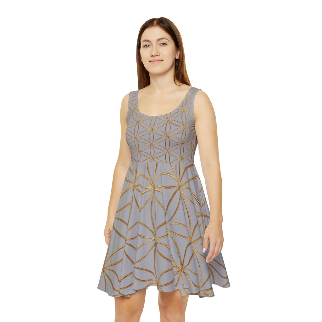 Light Grey Flower of Life Skater Dress - Women's Floral Gold Print Summer Dress