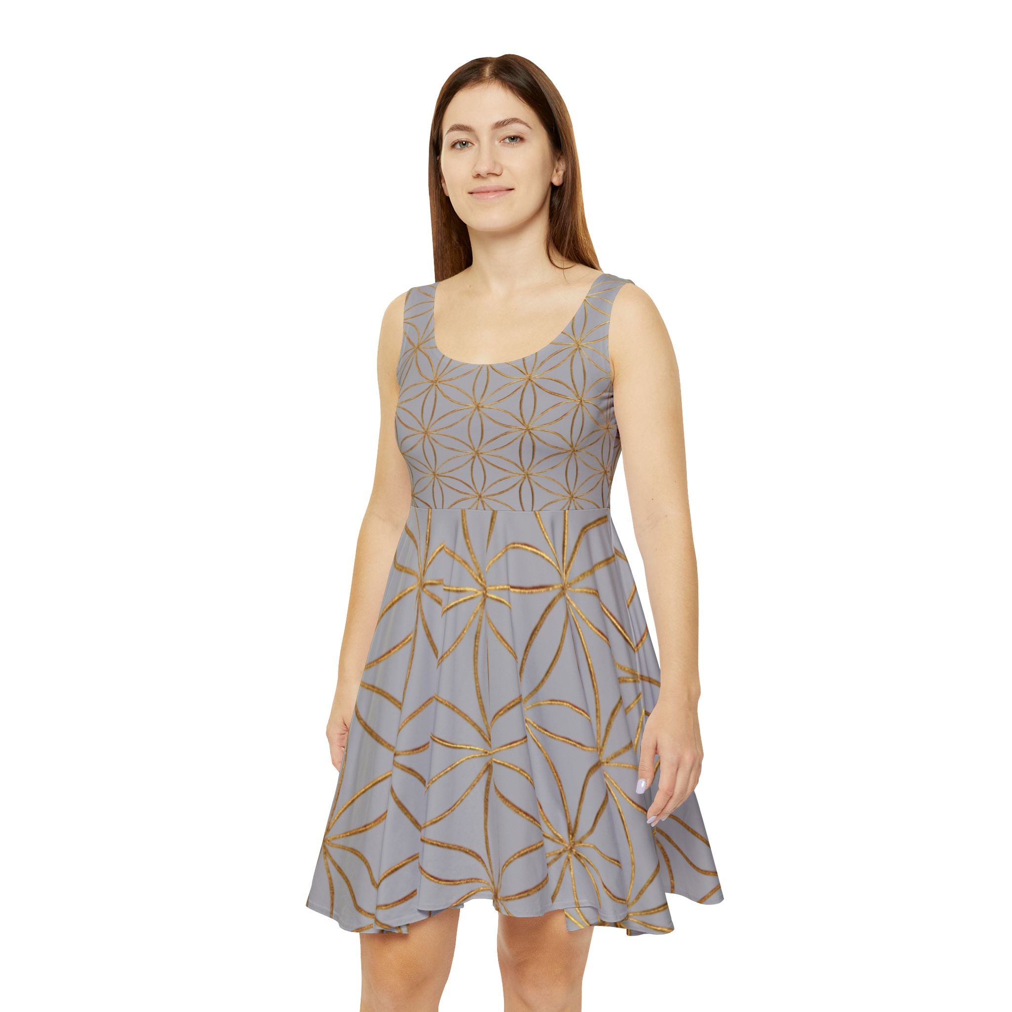 Light Grey Flower of Life Skater Dress - Women's Floral Gold Print Summer Dress
