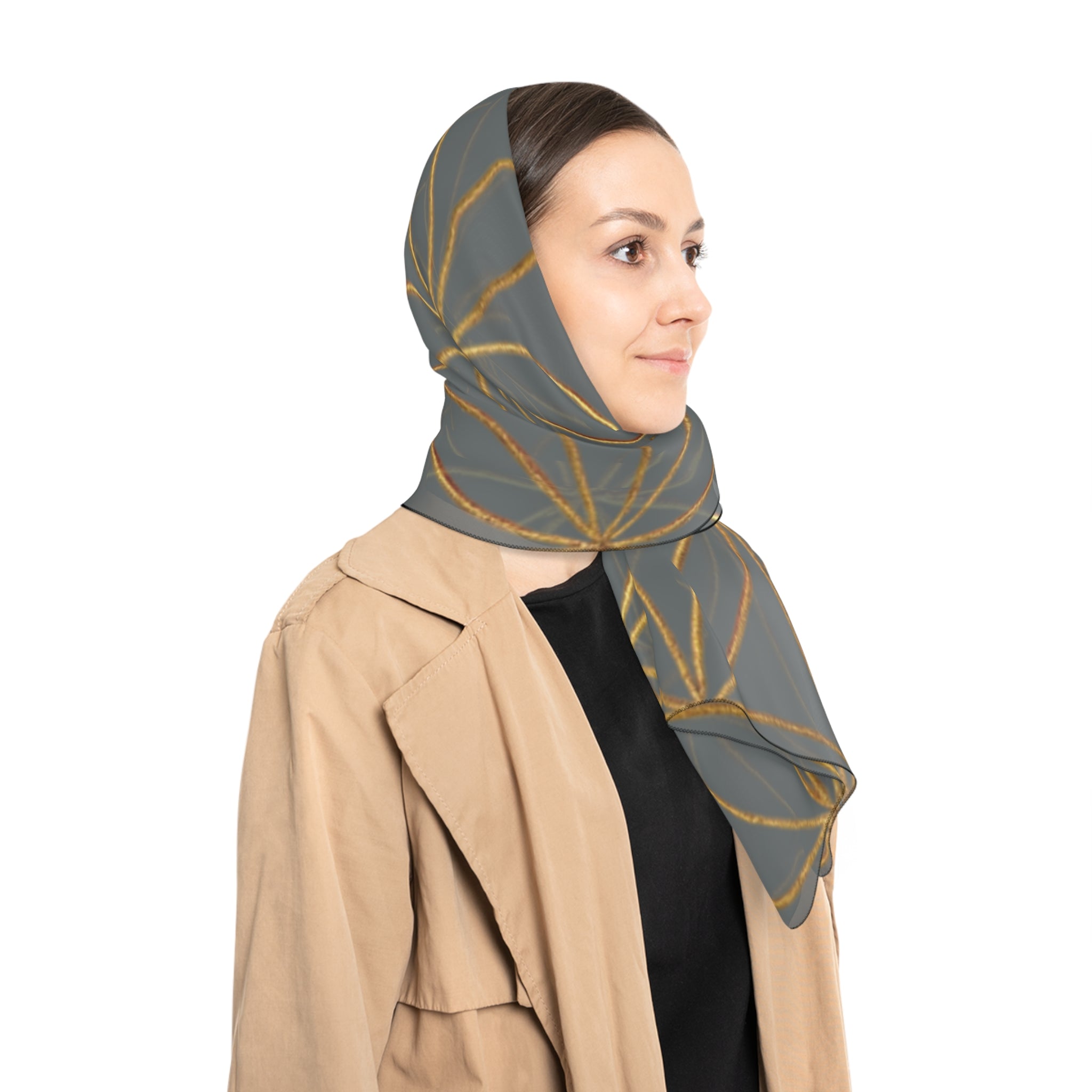 Bozz Queen Flower of Life Scarf - Dark Grey & Gold Elegant Lightweight Poly Scarf