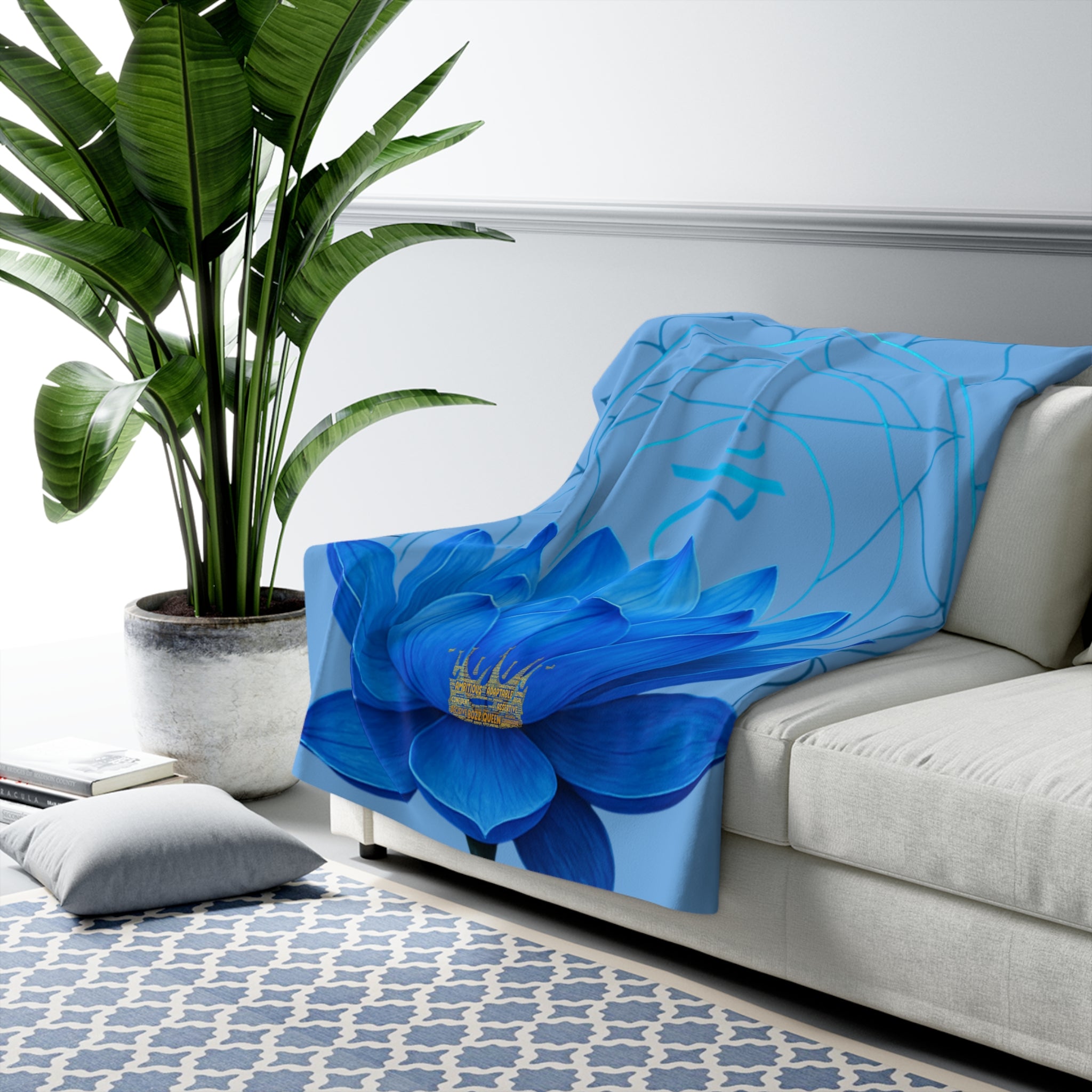 Throat Chakra Lotus Sherpa Blanket - Meditation Decor & Yoga Gift