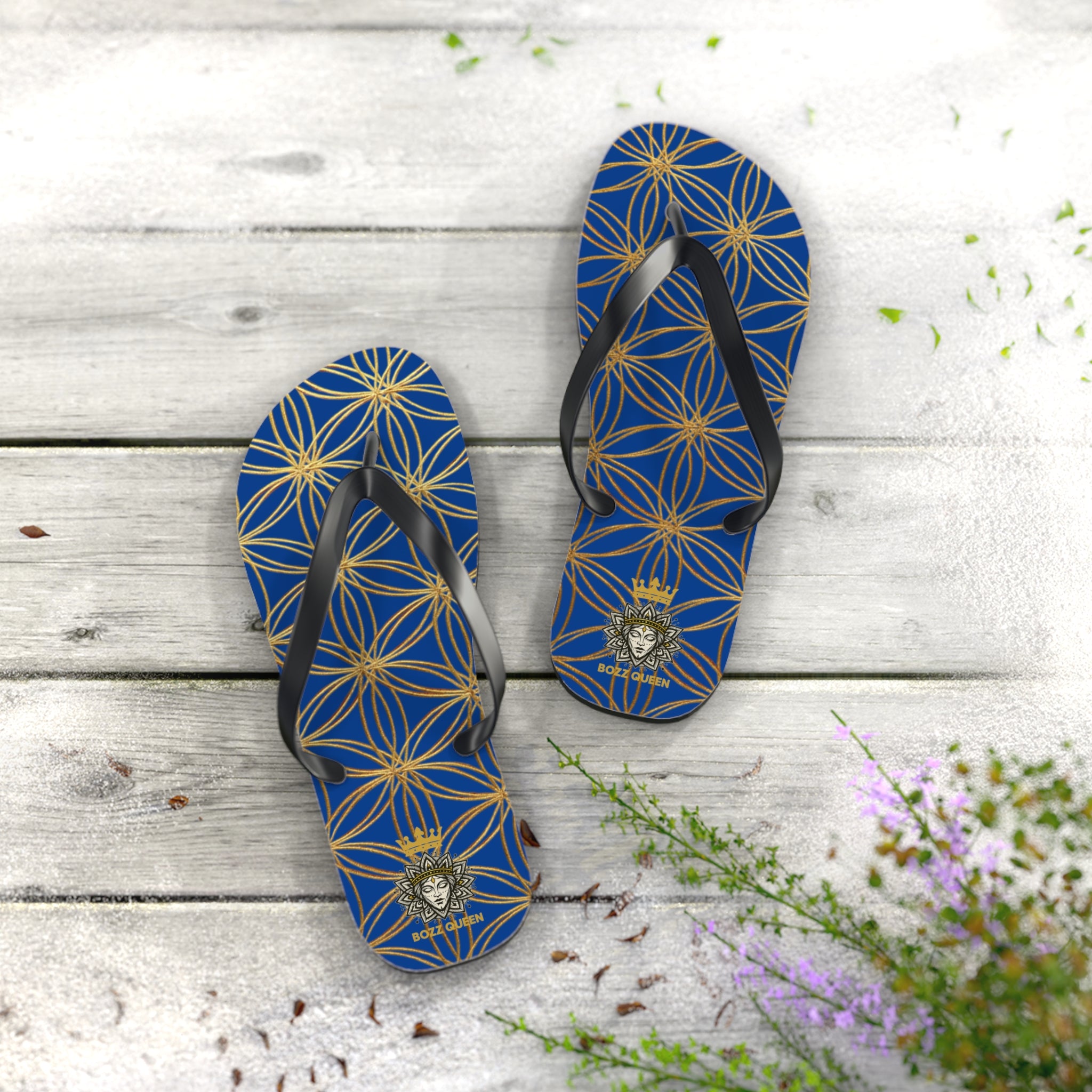 Bozz Queen Dark Blue & Gold Flower of Life Flip Flops - Elegant Beach Sandals