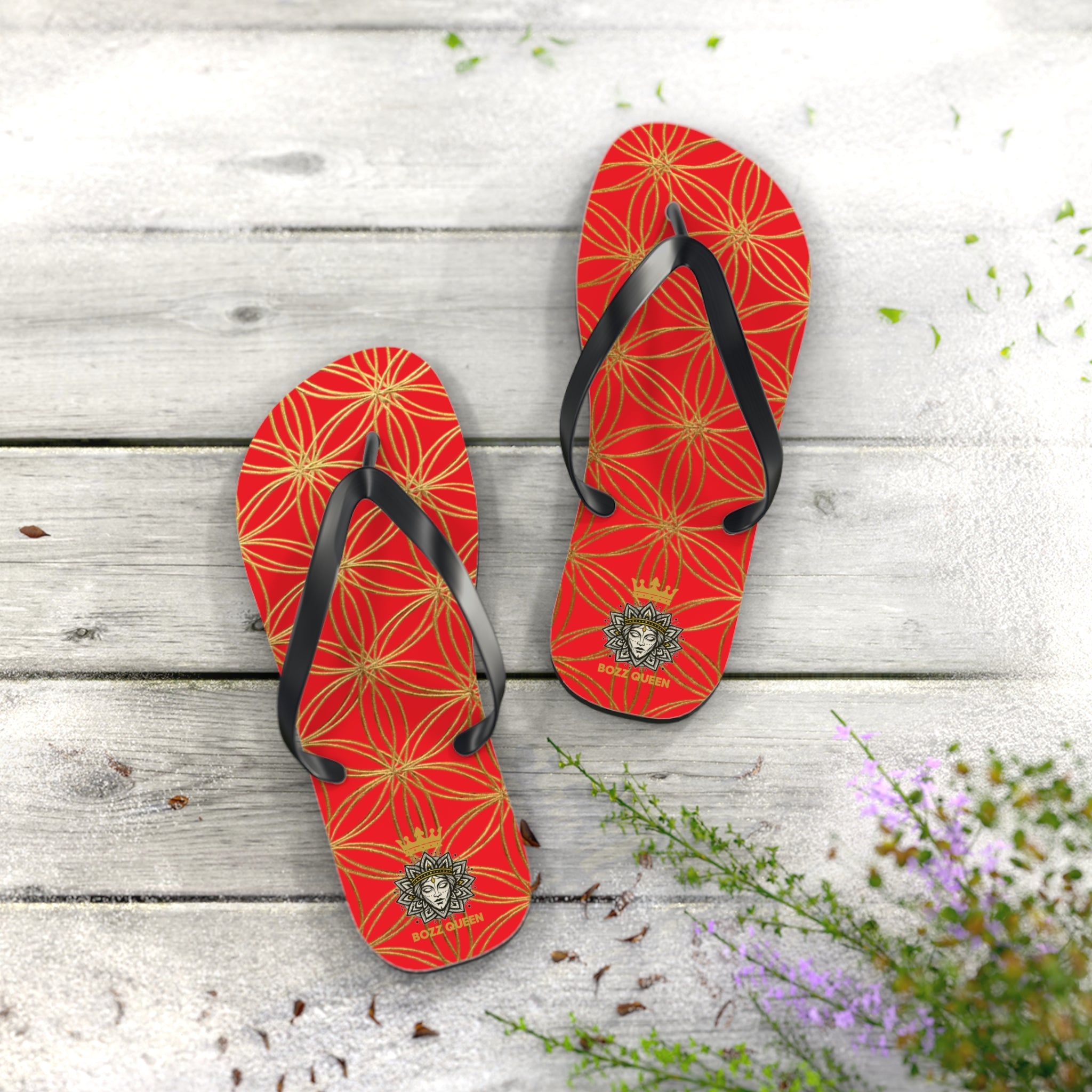 Bozz Queen Red & Gold Flower of Life Flip Flops - Elegant Beach Sandals