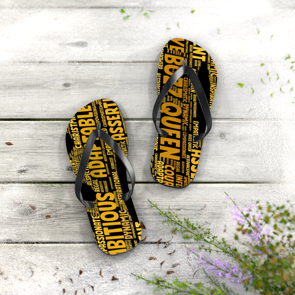 Bozz Queen Black & Gold Bold Statement Flip Flops - Tropical Beach Sandals