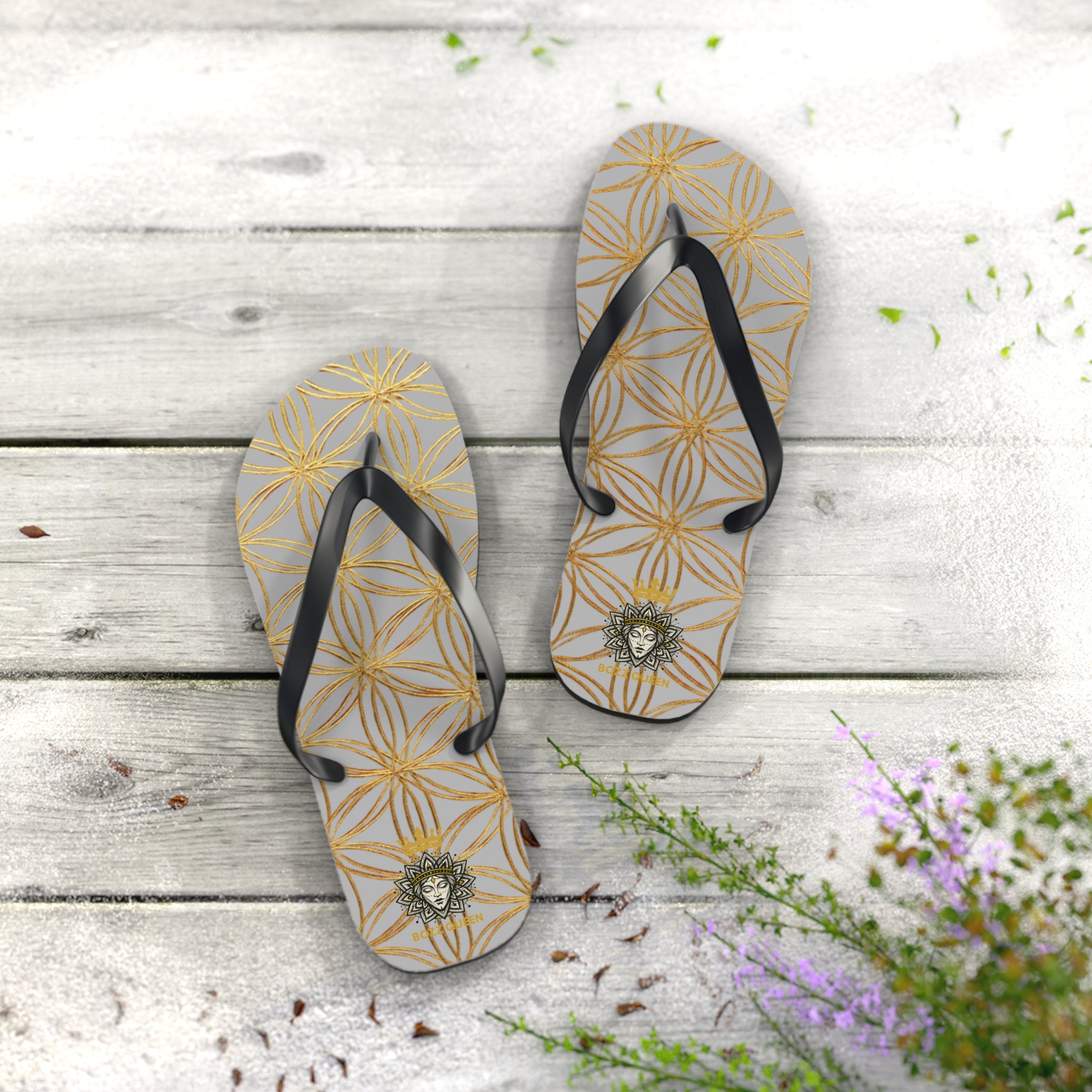 Bozz Queen Light Grey & Gold Flower of Life Flip Flops - Elegant Beach Sandals