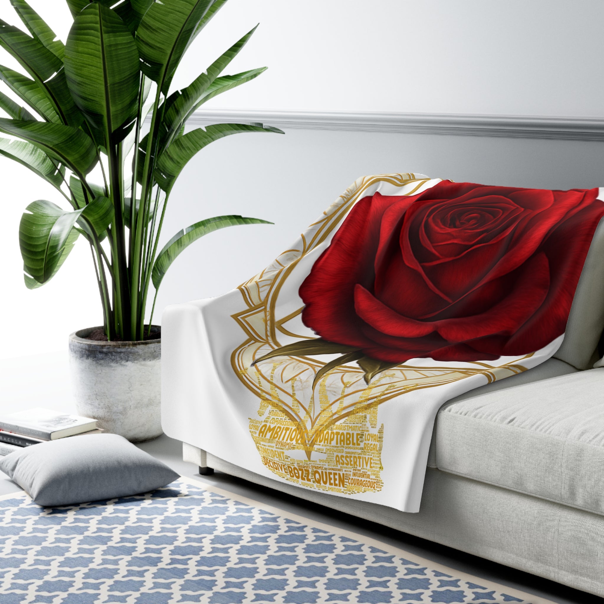 Root Chakra Red Sherpa Blanket with Golden Rose - Grounding & Security