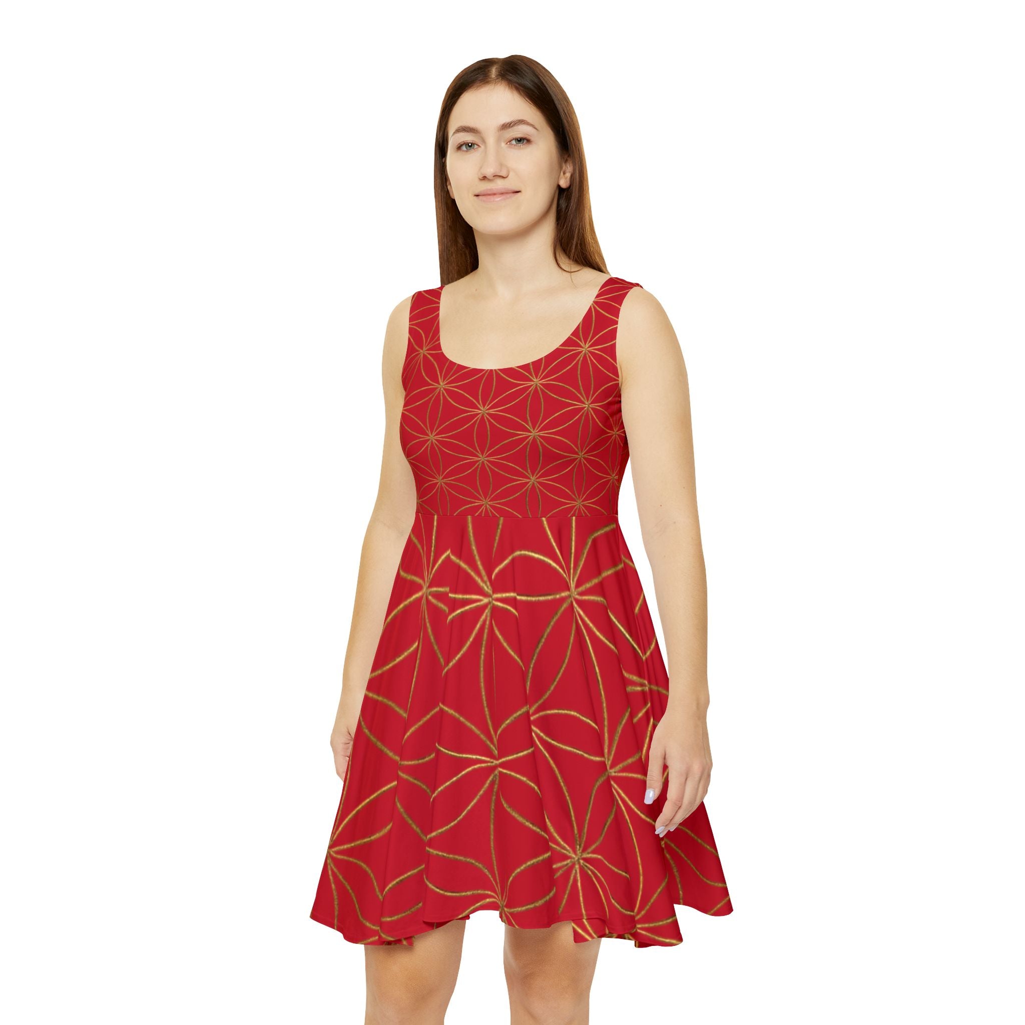 Dark Red Flower of Life Skater Dress - Women's Floral Gold Print Summer Dress