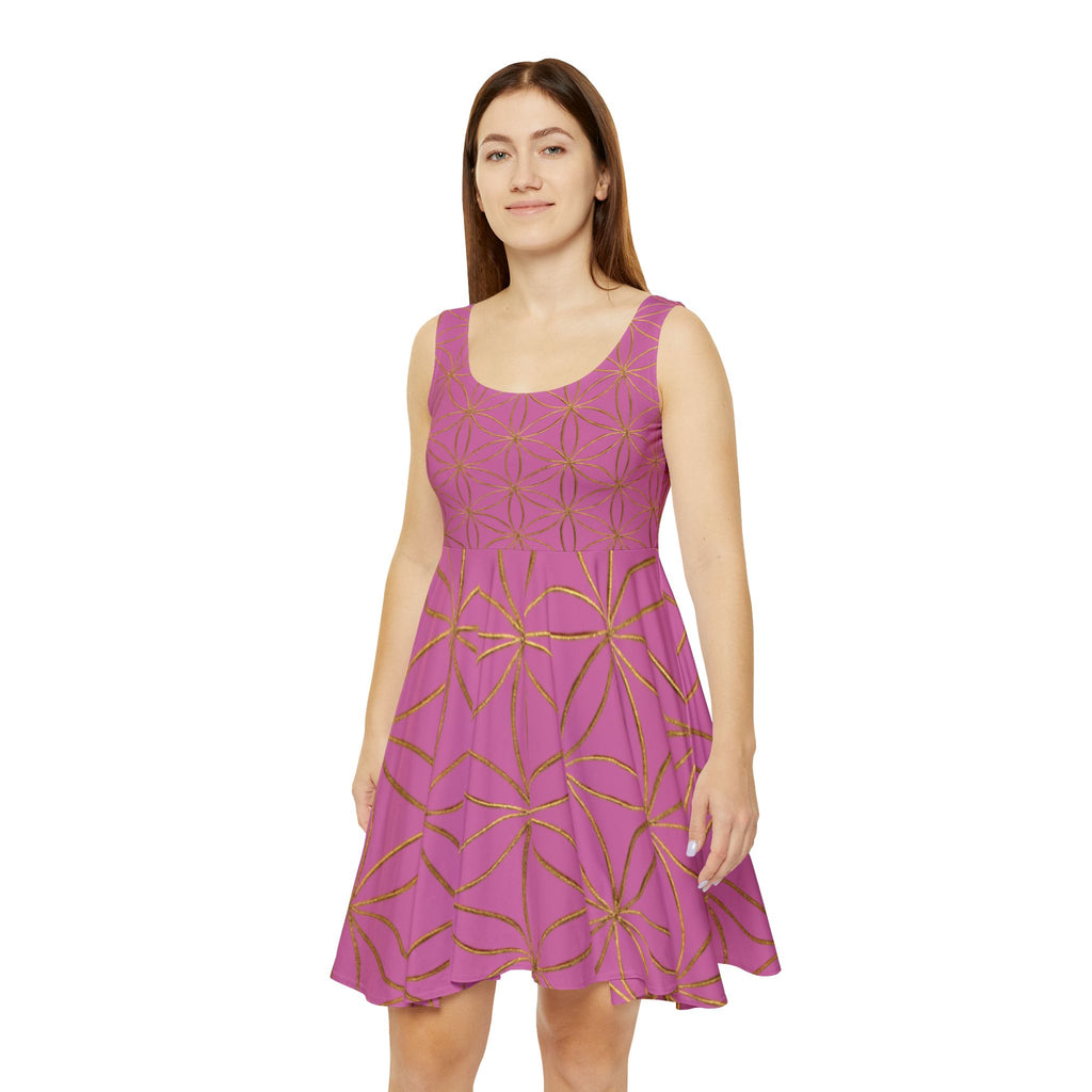 Light Pink Flower of Life Skater Dress - Women's Floral Gold Print Summer Dress
