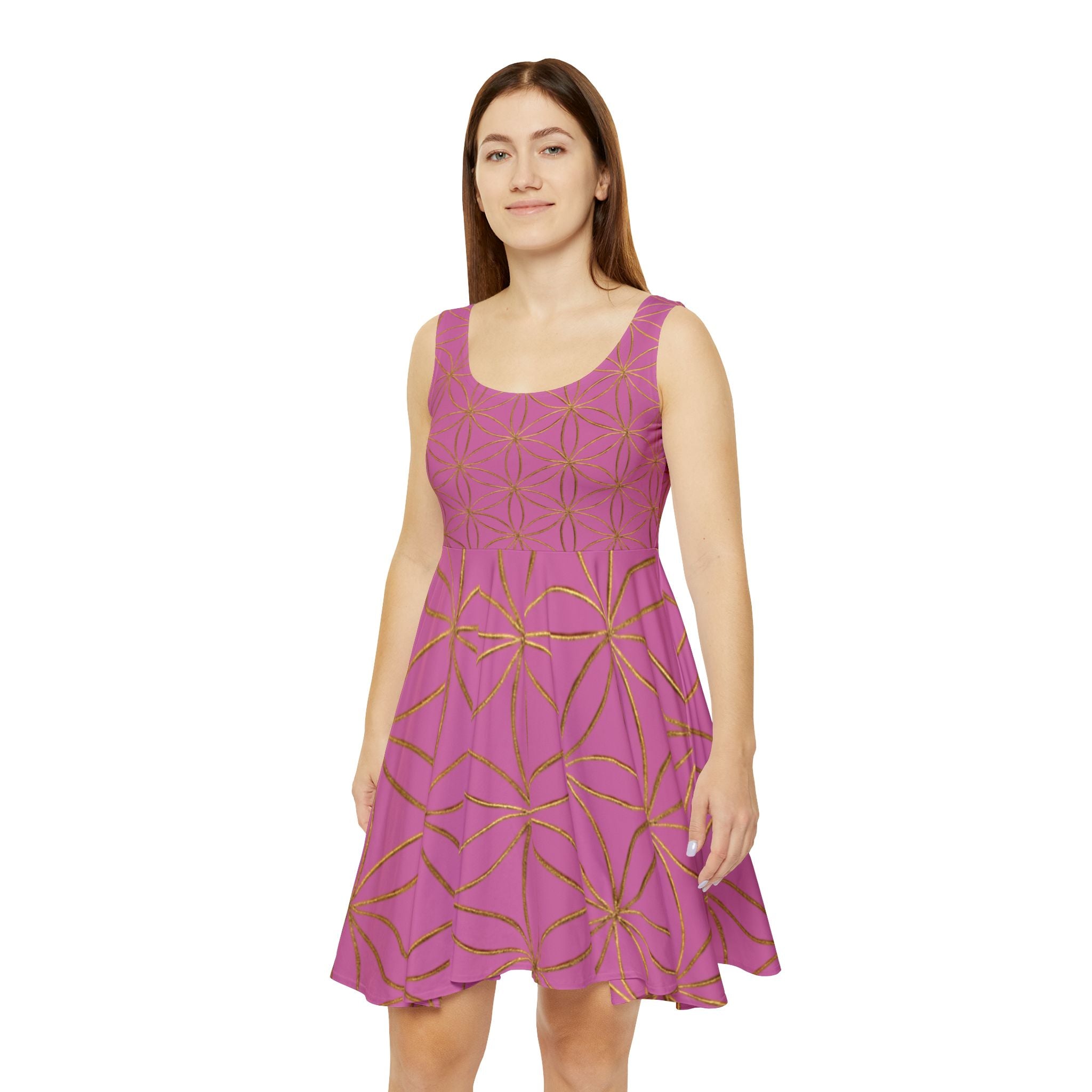 Light Pink Flower of Life Skater Dress - Women's Floral Gold Print Summer Dress