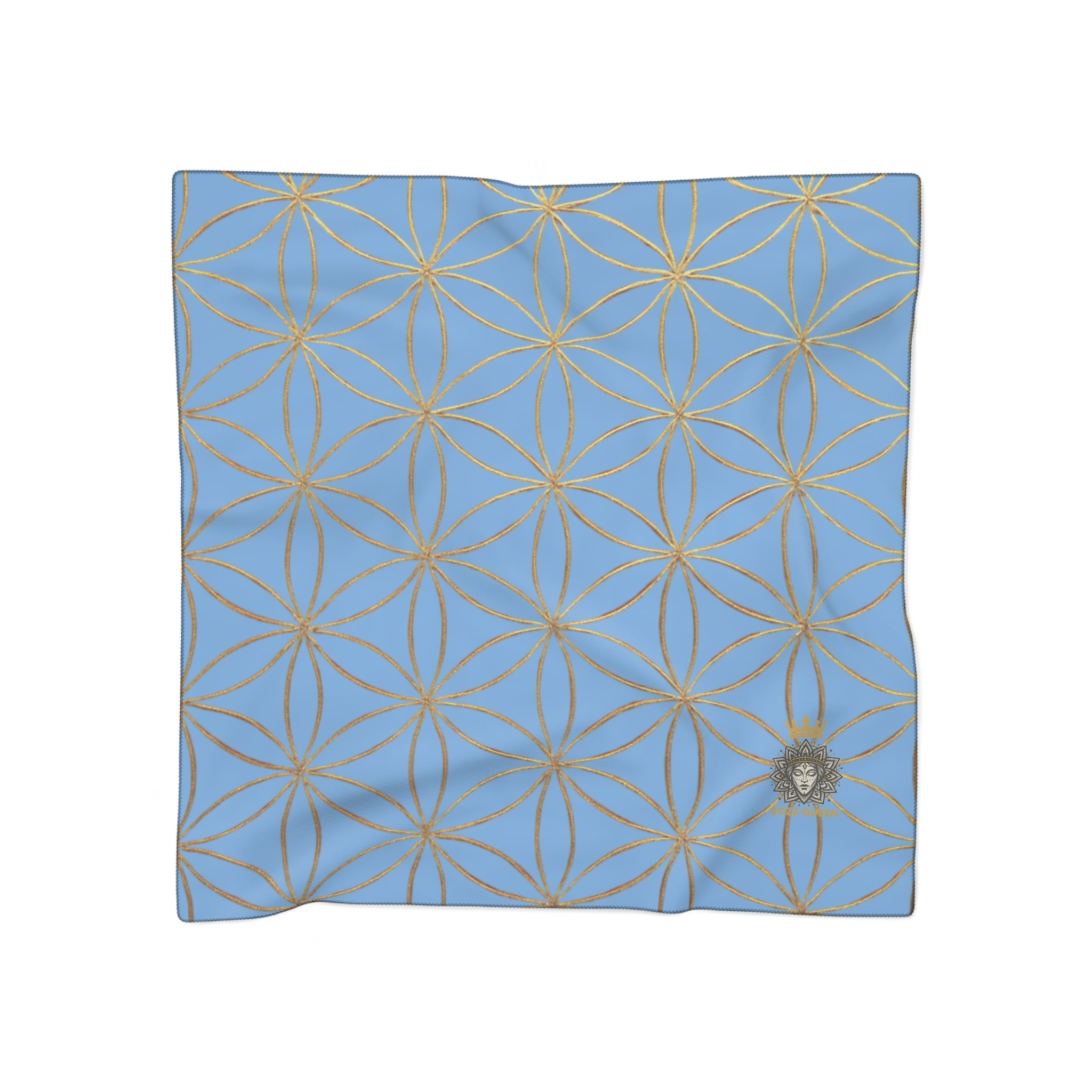 Bozz Queen Flower of Life Scarf - Light Blue & Gold Elegant Lightweight Poly Scarf