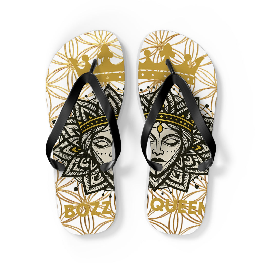 Bozz Queen White & Gold Flower of Life Flip Flops - Elegant Beach Sandals