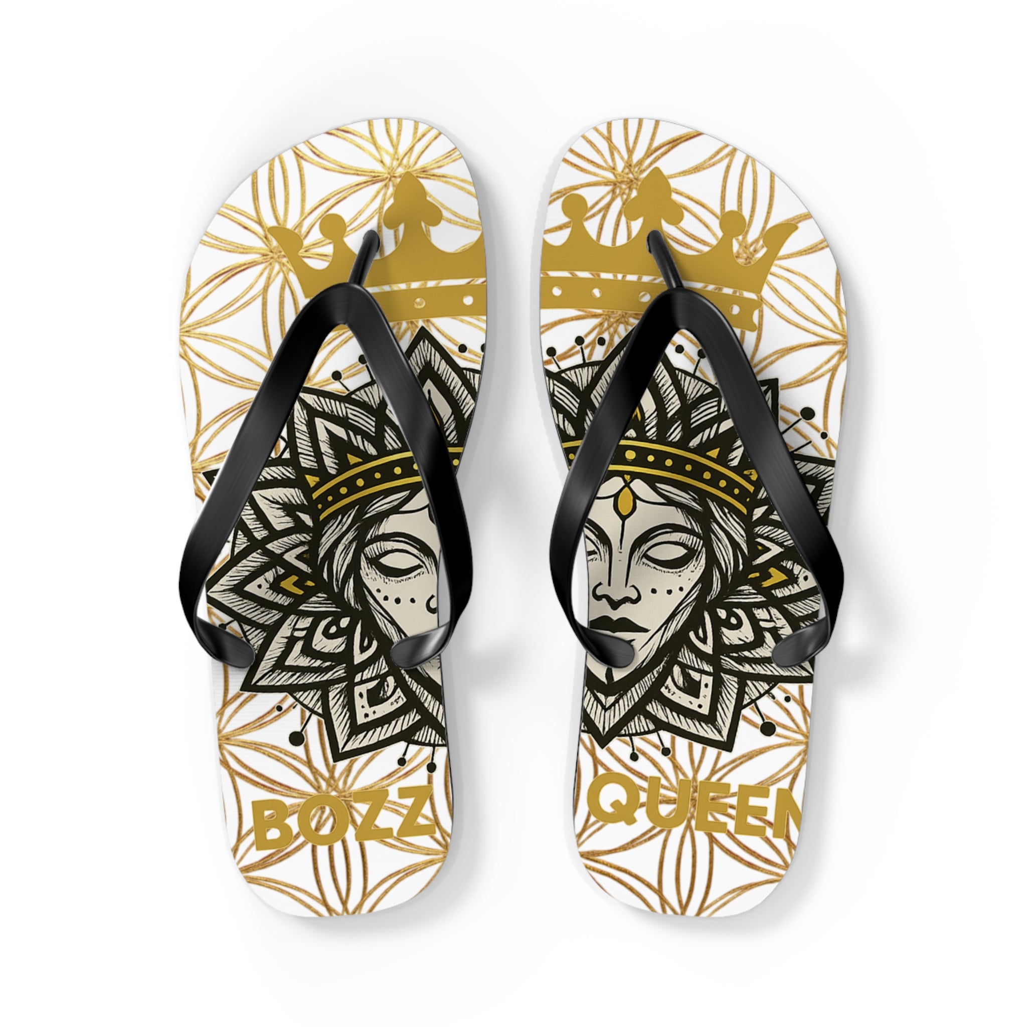 Bozz Queen White & Gold Flower of Life Flip Flops - Elegant Beach Sandals