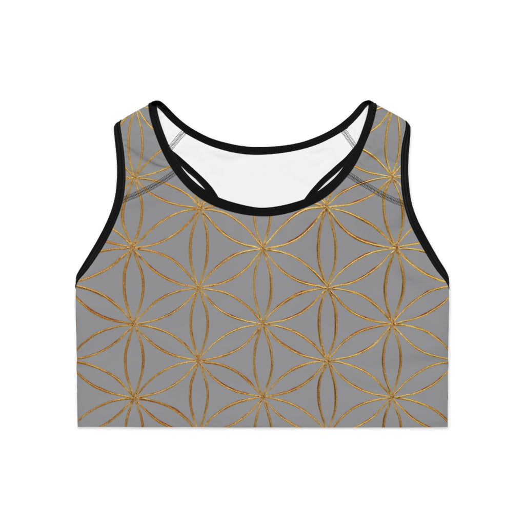 Bozz Queen Grey & Gold Flower of Life Sports Bra - Yoga Workout Top