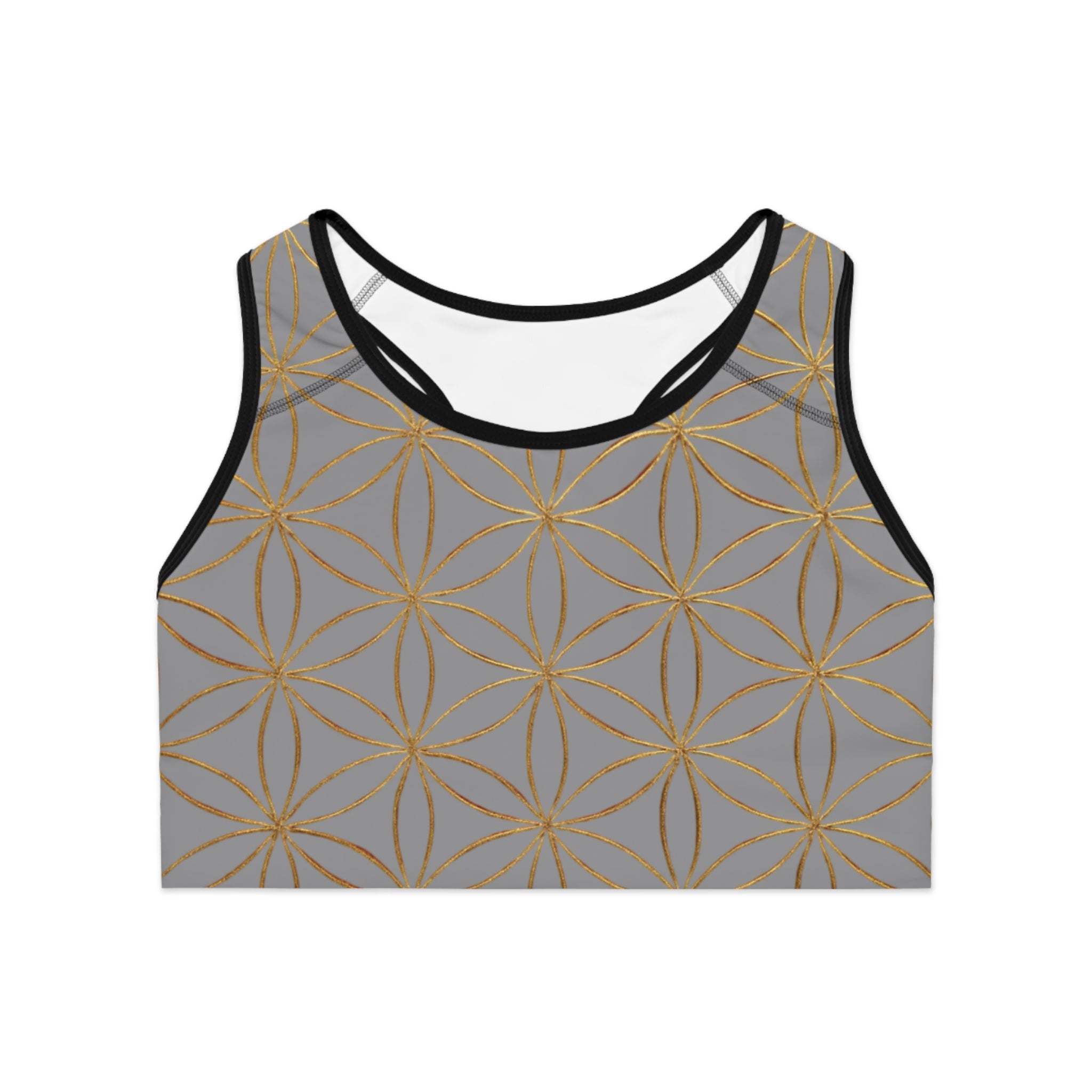 Bozz Queen Grey & Gold Flower of Life Sports Bra - Yoga Workout Top