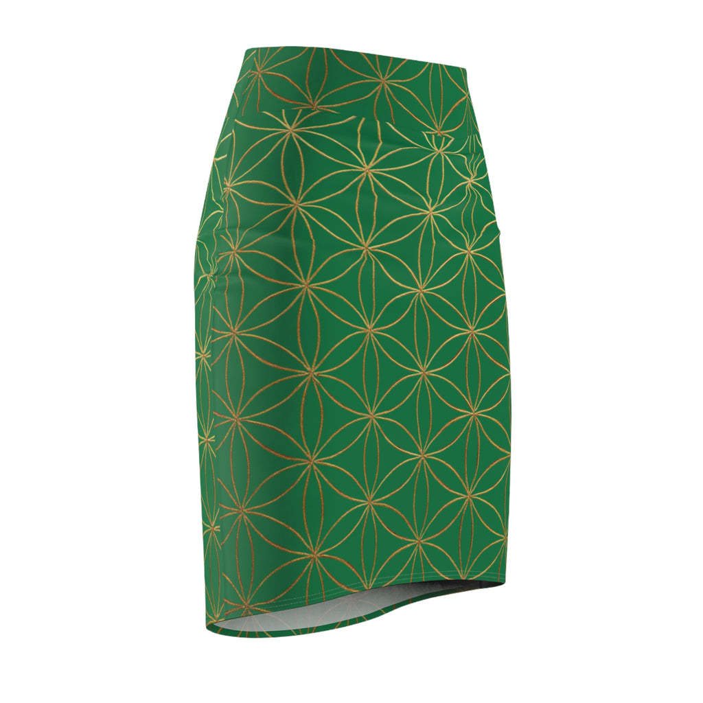 Dark Green Flower of Life Pencil Skirt - Women's Chic Office & Date Night Skirt