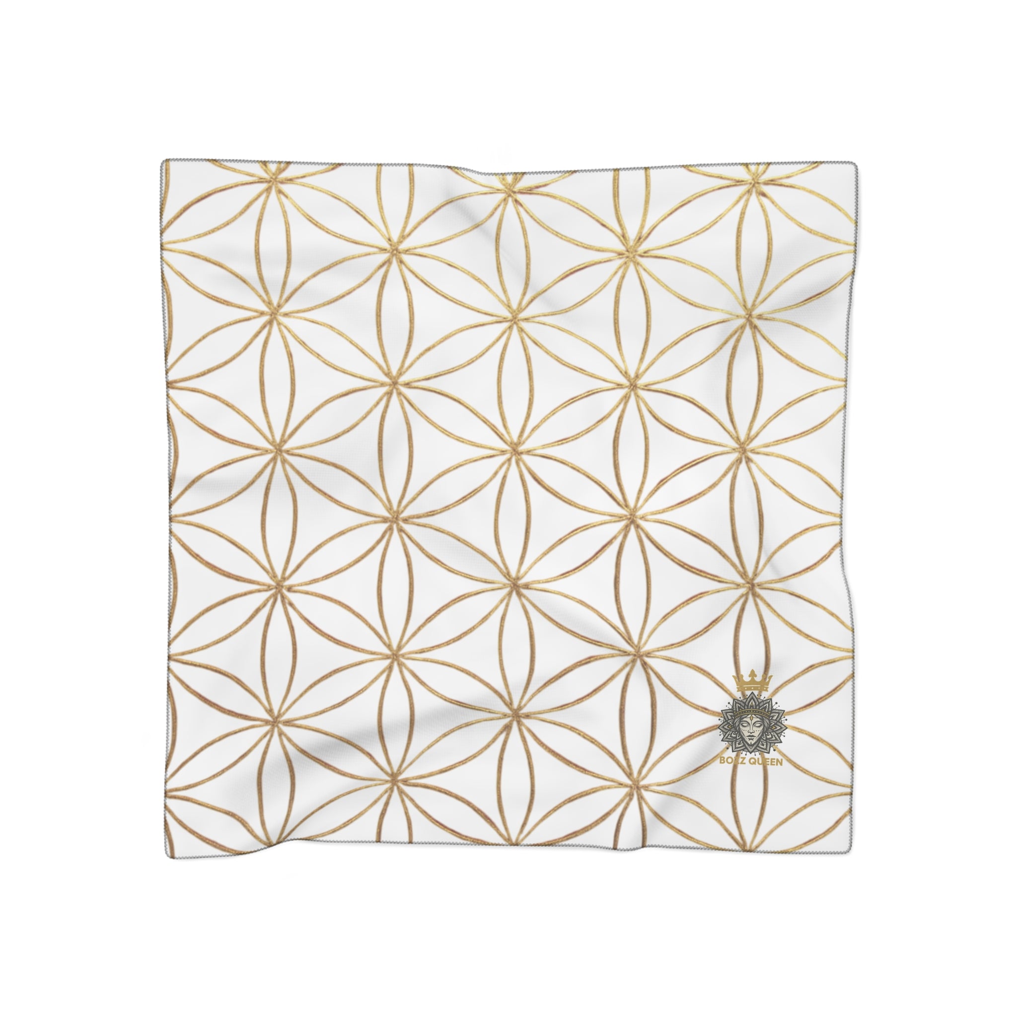 Bozz Queen Flower of Life Scarf - White & Gold Elegant Lightweight Poly Scarf