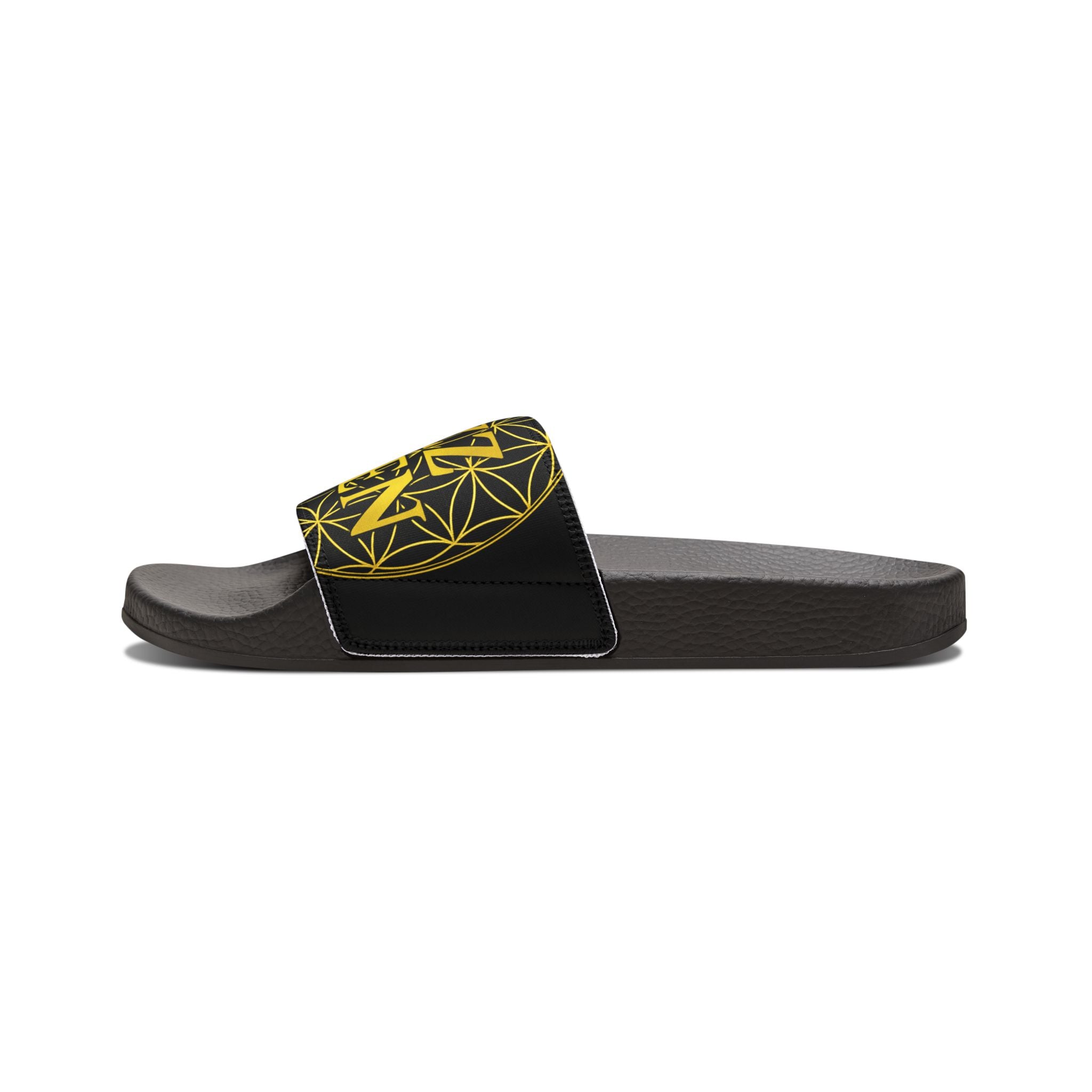 Bozz Queen Black & Gold Flower of Life Women's Sandals - Removable Strap Beach Slides
