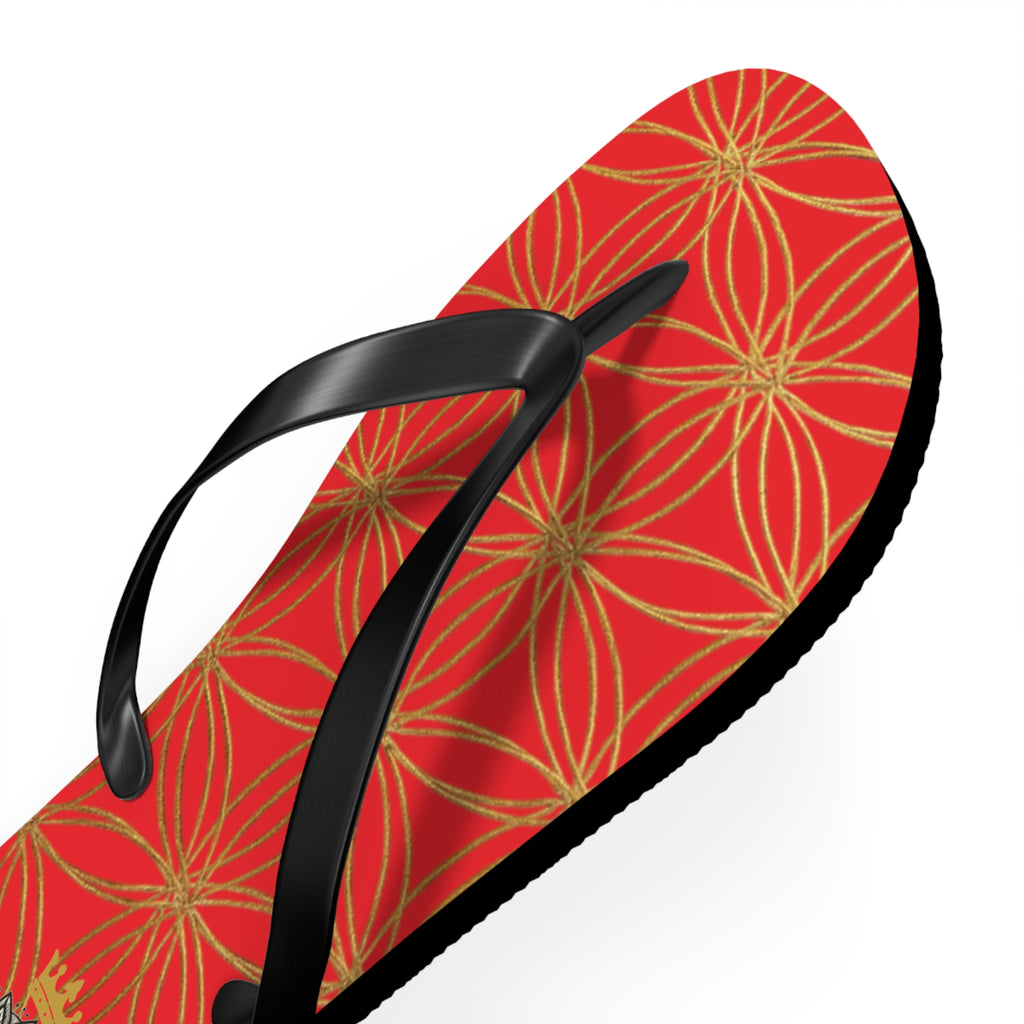 Bozz Queen Red & Gold Flower of Life Flip Flops - Elegant Beach Sandals