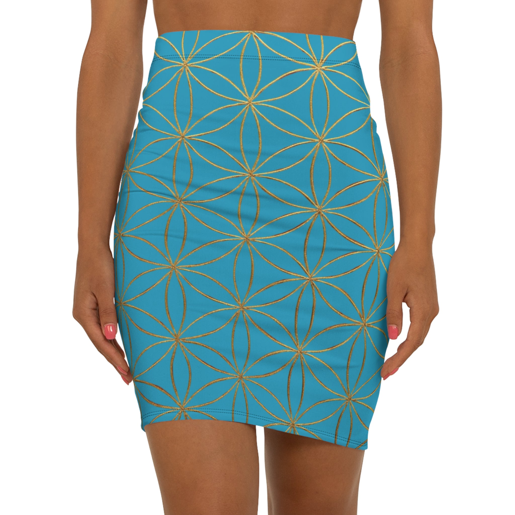 Turquoise Flower of Life Pencil Skirt - Women's Chic Office & Date Night Skirt