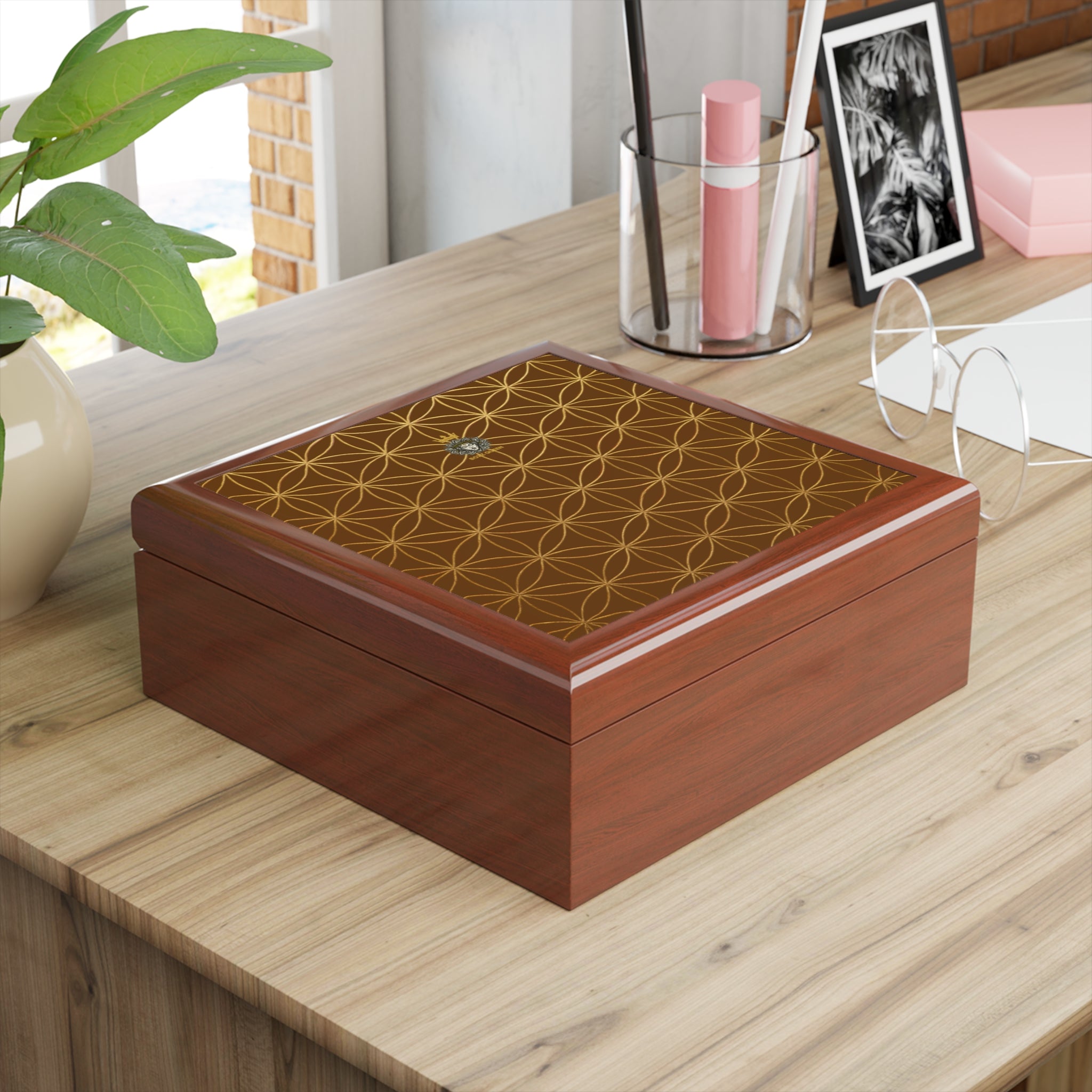 Flower of Life Jewelry Box - Brown & Gold Elegant Keepsake Organizer