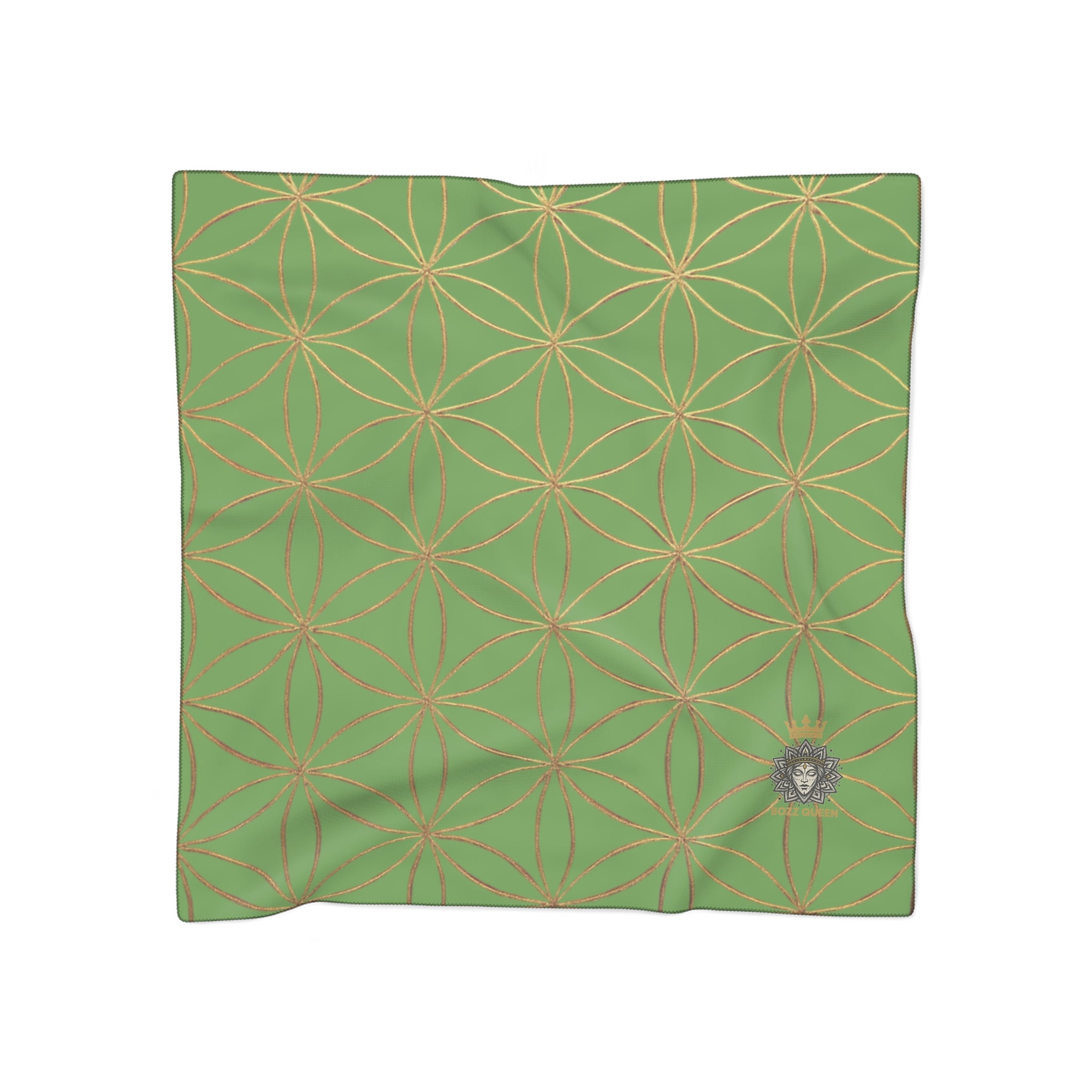 Bozz Queen Flower of Life Scarf - Green & Gold Elegant Lightweight Poly Scarf