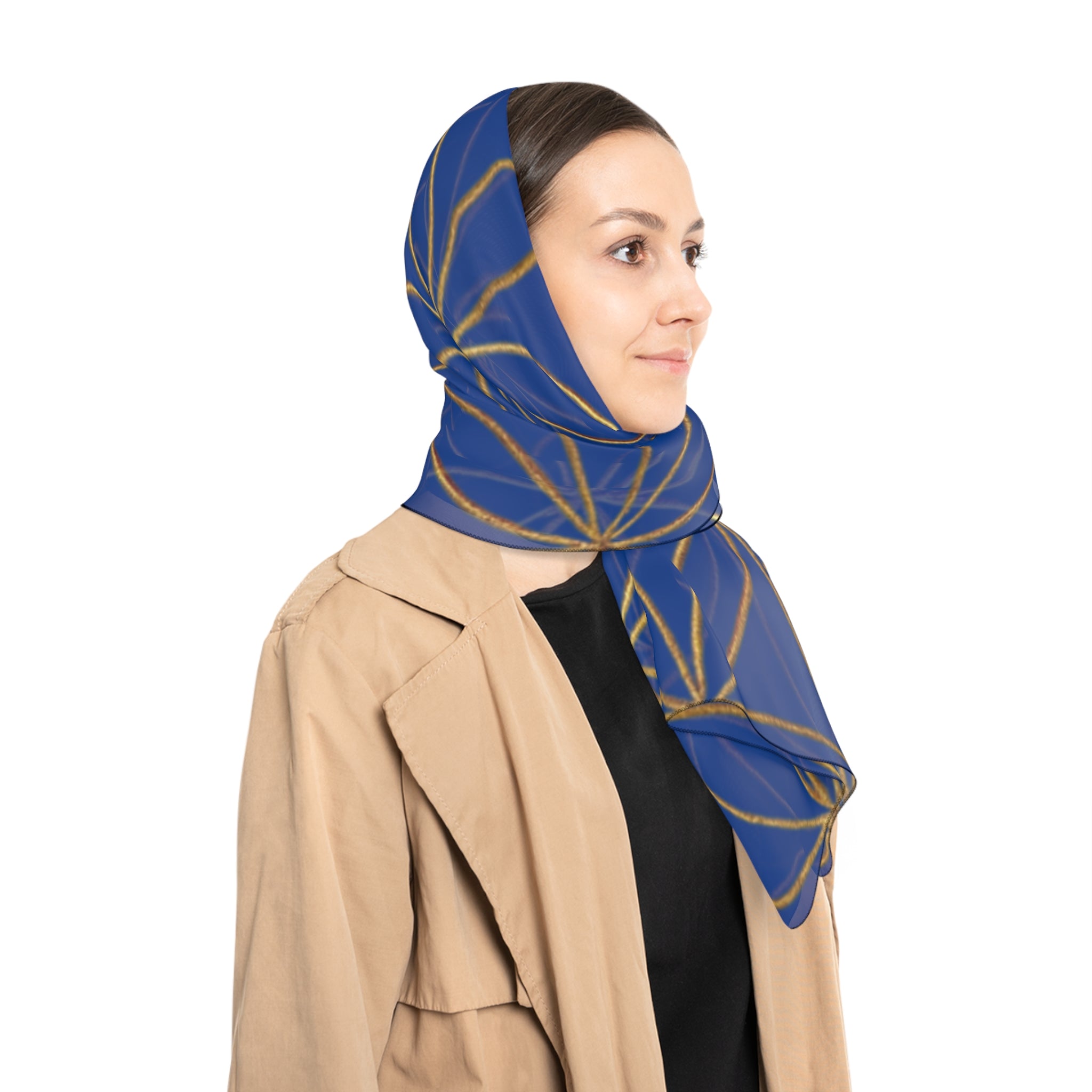 Bozz Queen Flower of Life Scarf - Dark Blue & Gold Elegant Lightweight Poly Scarf