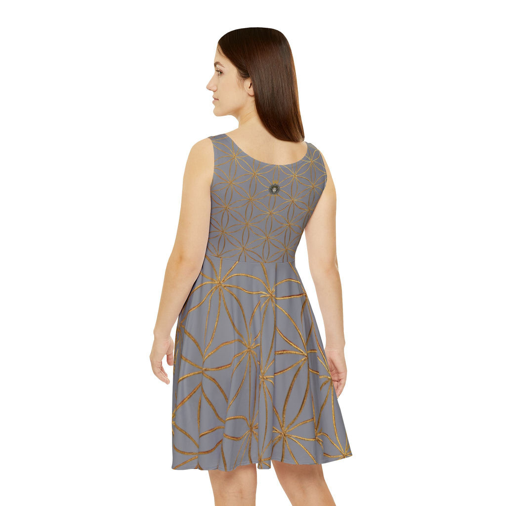 Grey Flower of Life Skater Dress - Women's Floral Gold Print Summer Dress