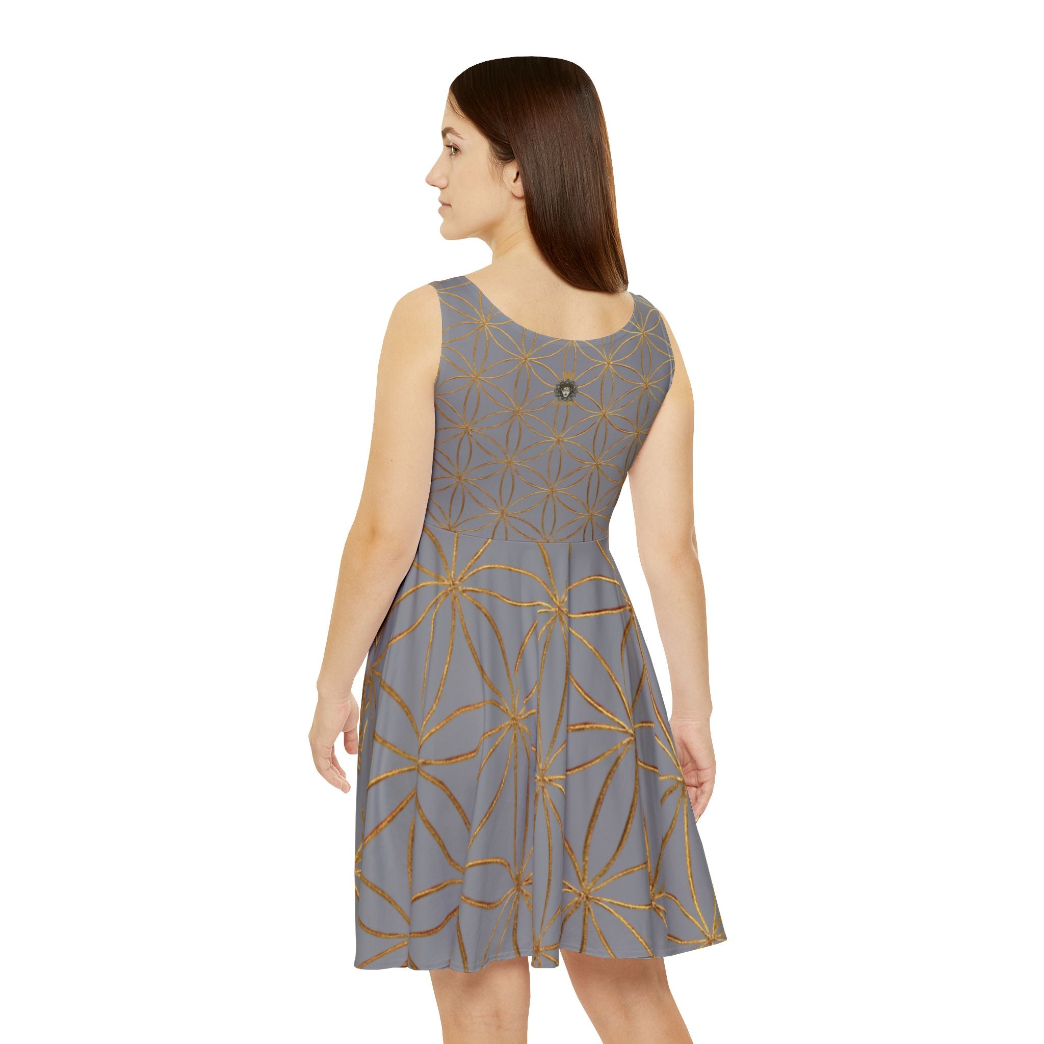 Grey Flower of Life Skater Dress - Women's Floral Gold Print Summer Dress