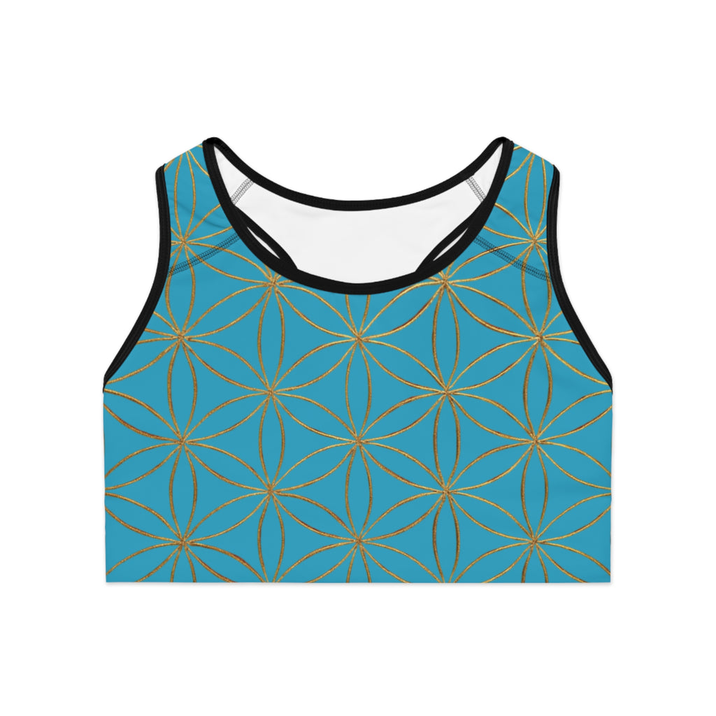 Bozz Queen Turquoise & Gold Flower of Life Sports Bra - Yoga Workout Top