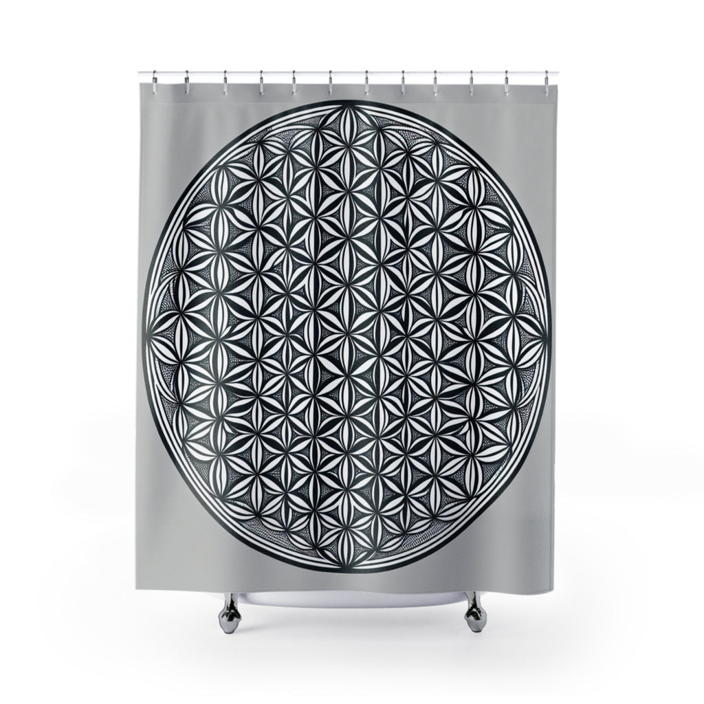 Bozz Queen Elegant Flower of Life Shower Curtain - Sacred Geometry Modern Bathroom Decor, Black & White Design