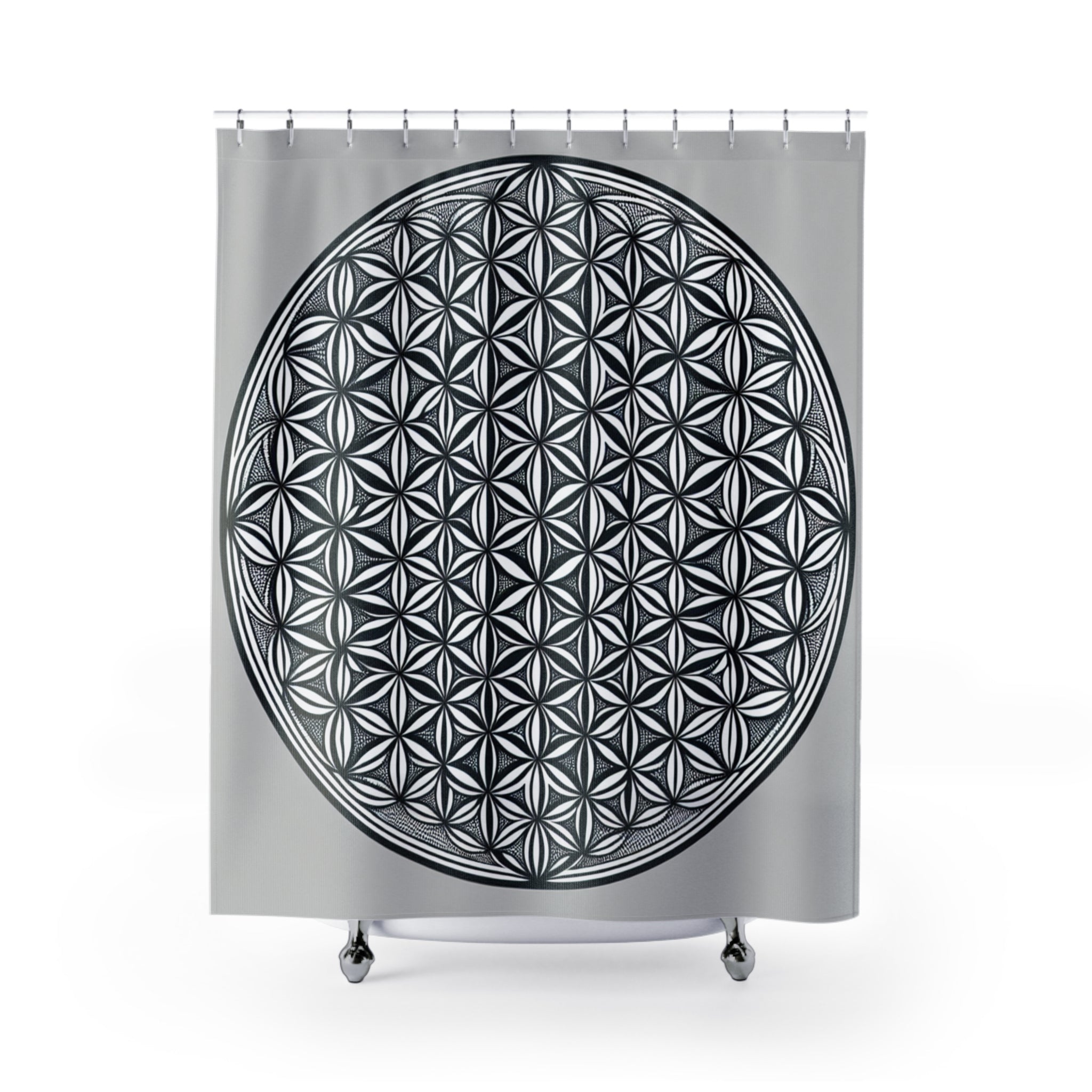 Bozz Queen Elegant Flower of Life Shower Curtain - Sacred Geometry Modern Bathroom Decor, Black & White Design