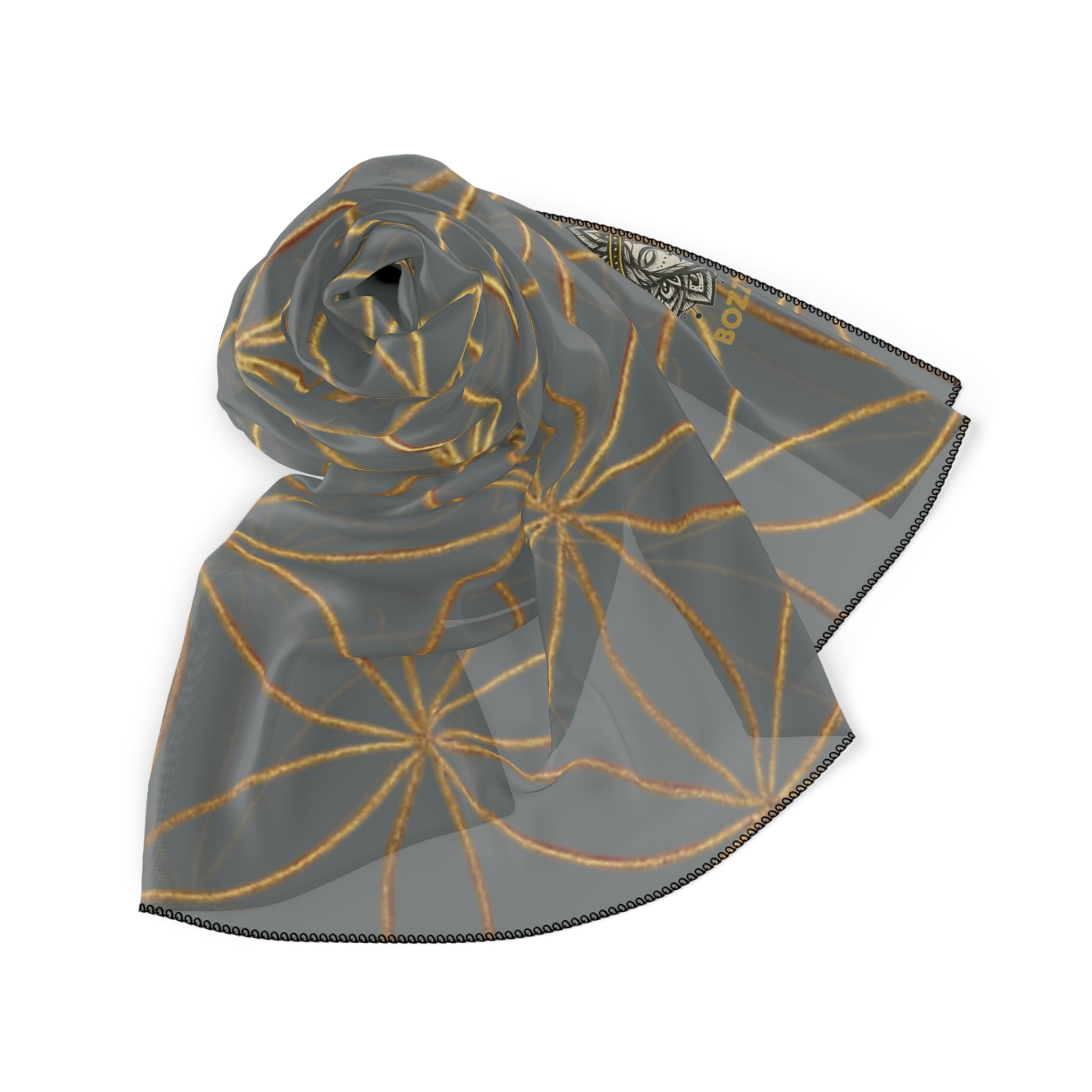 Bozz Queen Flower of Life Scarf - Dark Grey & Gold Elegant Lightweight Poly Scarf