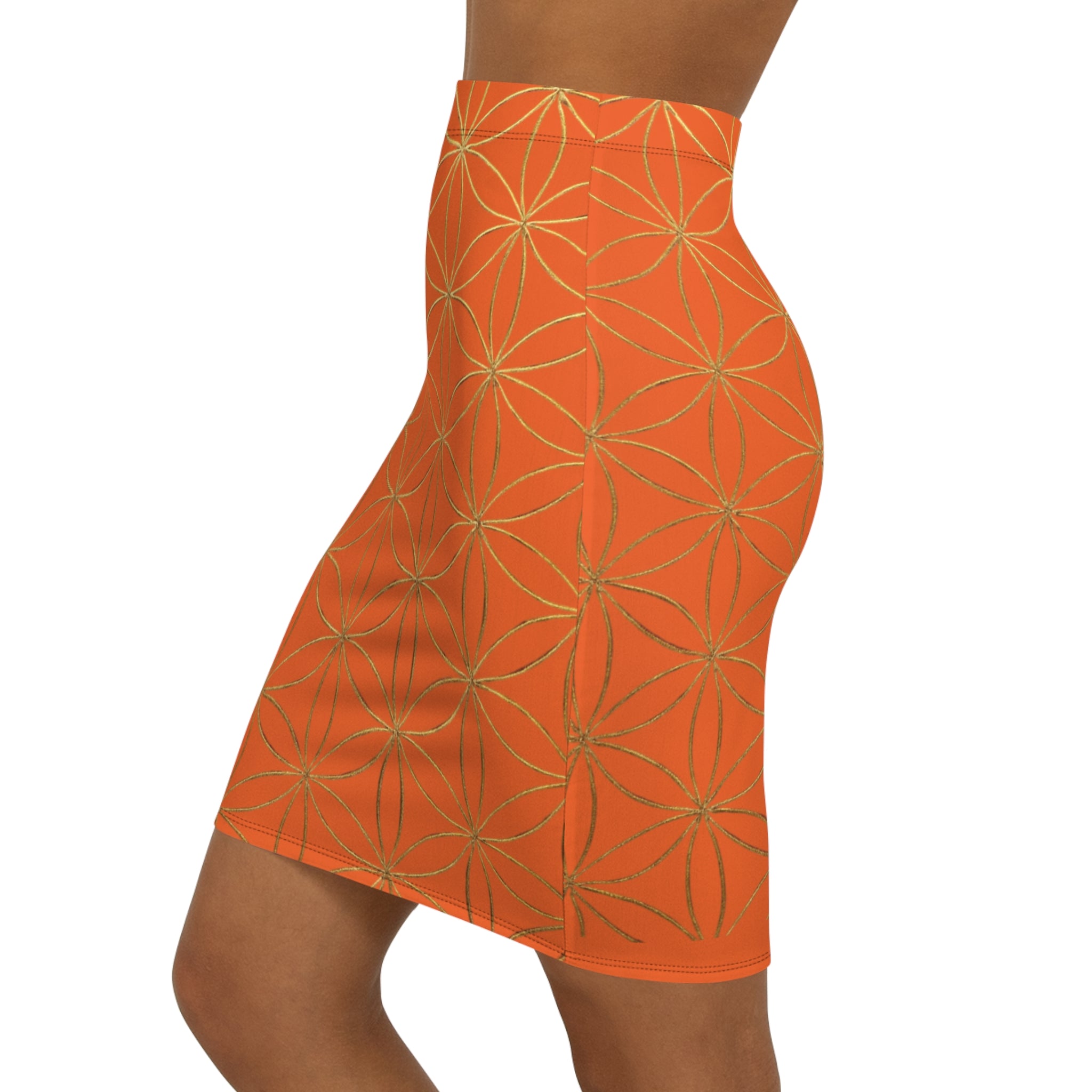 Orange Flower of Life Pencil Skirt - Women's Chic Office & Date Night Skirt