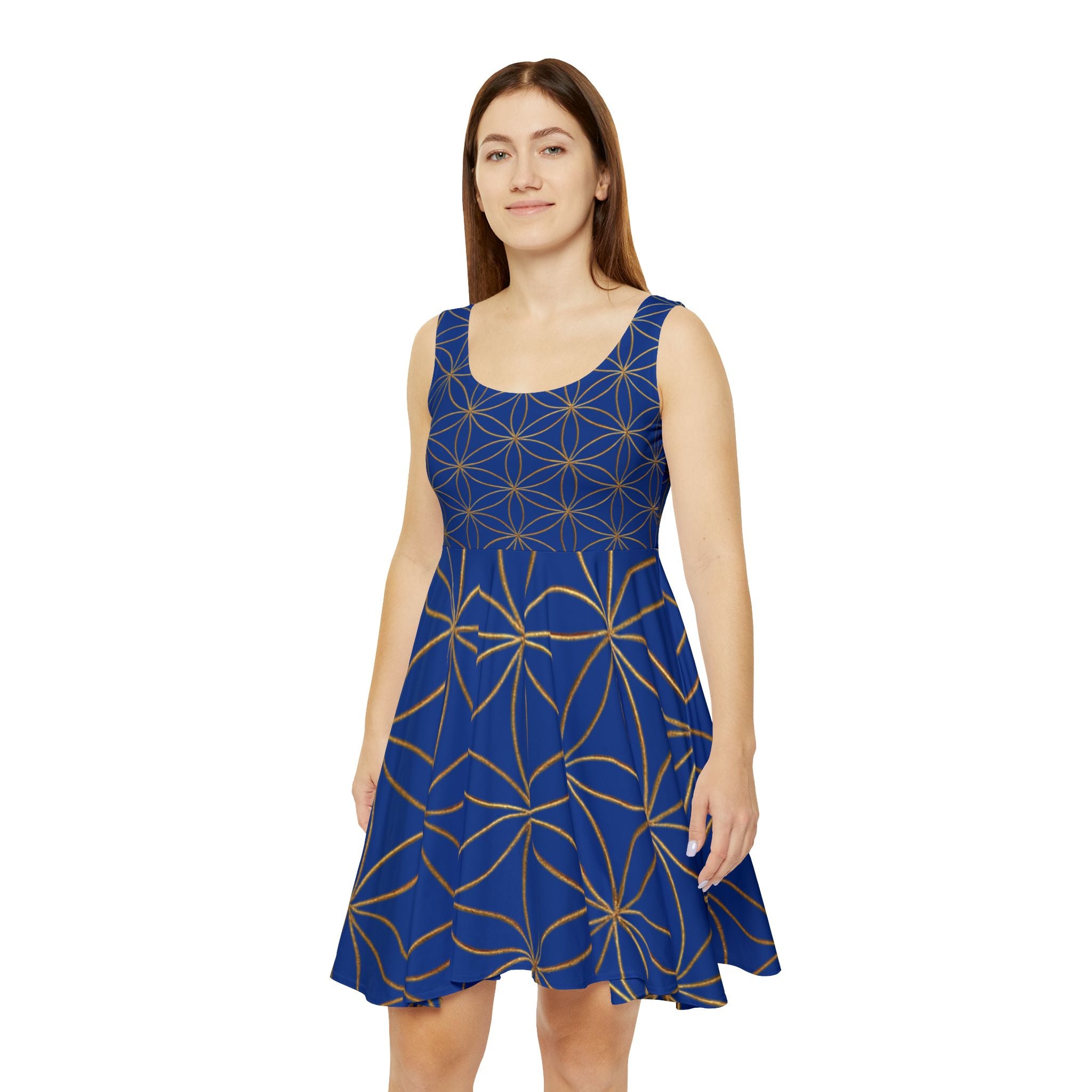 Dark Blue Flower of Life Skater Dress - Women's Floral Gold Print Summer Dress