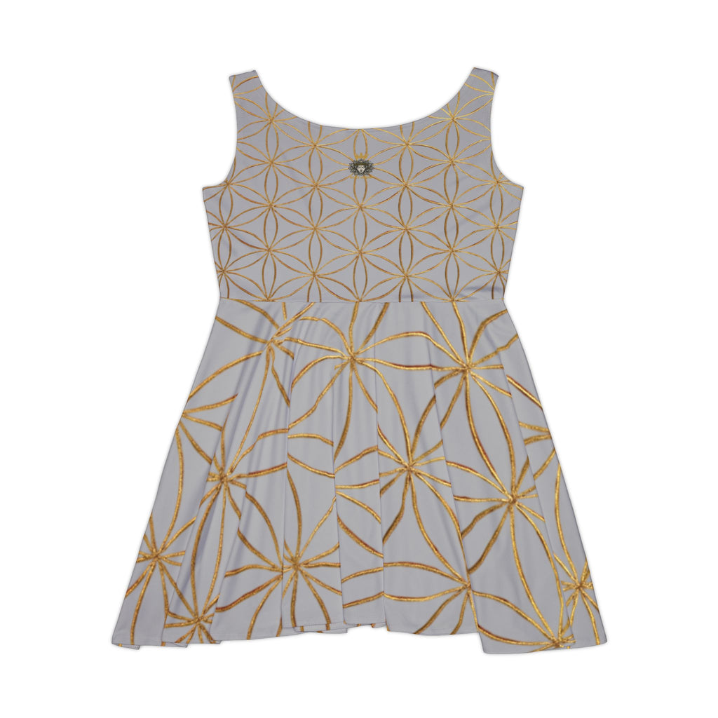 Light Grey Flower of Life Skater Dress - Women's Floral Gold Print Summer Dress