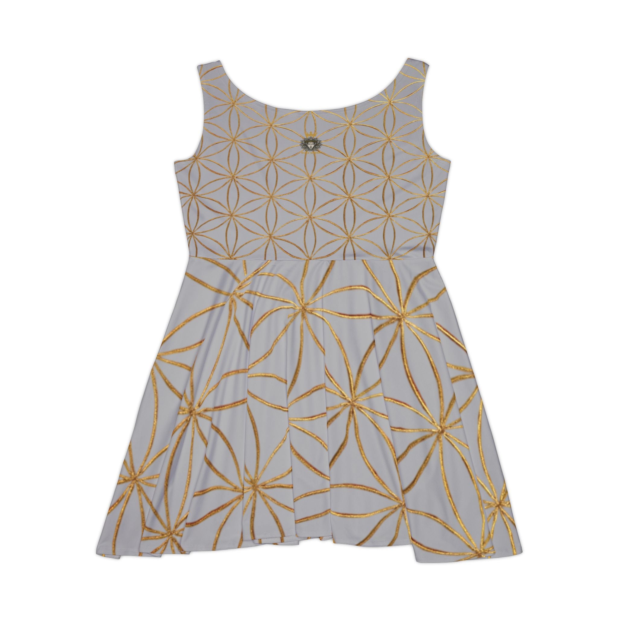 Light Grey Flower of Life Skater Dress - Women's Floral Gold Print Summer Dress