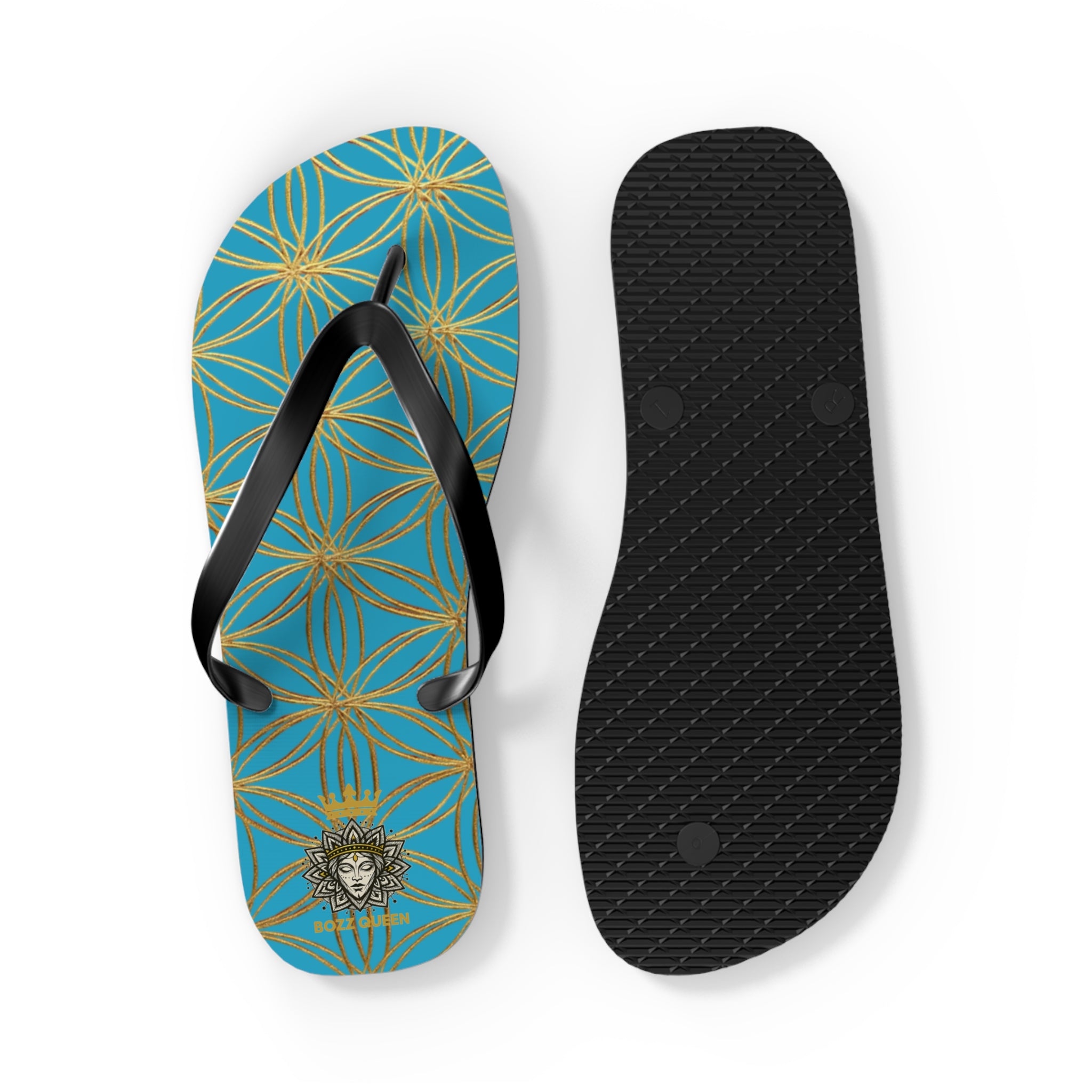 Bozz Queen Turquoise & Gold Flower of Life Flip Flops - Elegant Beach Sandals