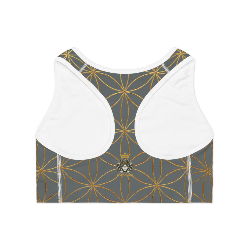 Bozz Queen Dark Grey & Gold Flower of Life Sports Bra - Yoga Workout Top