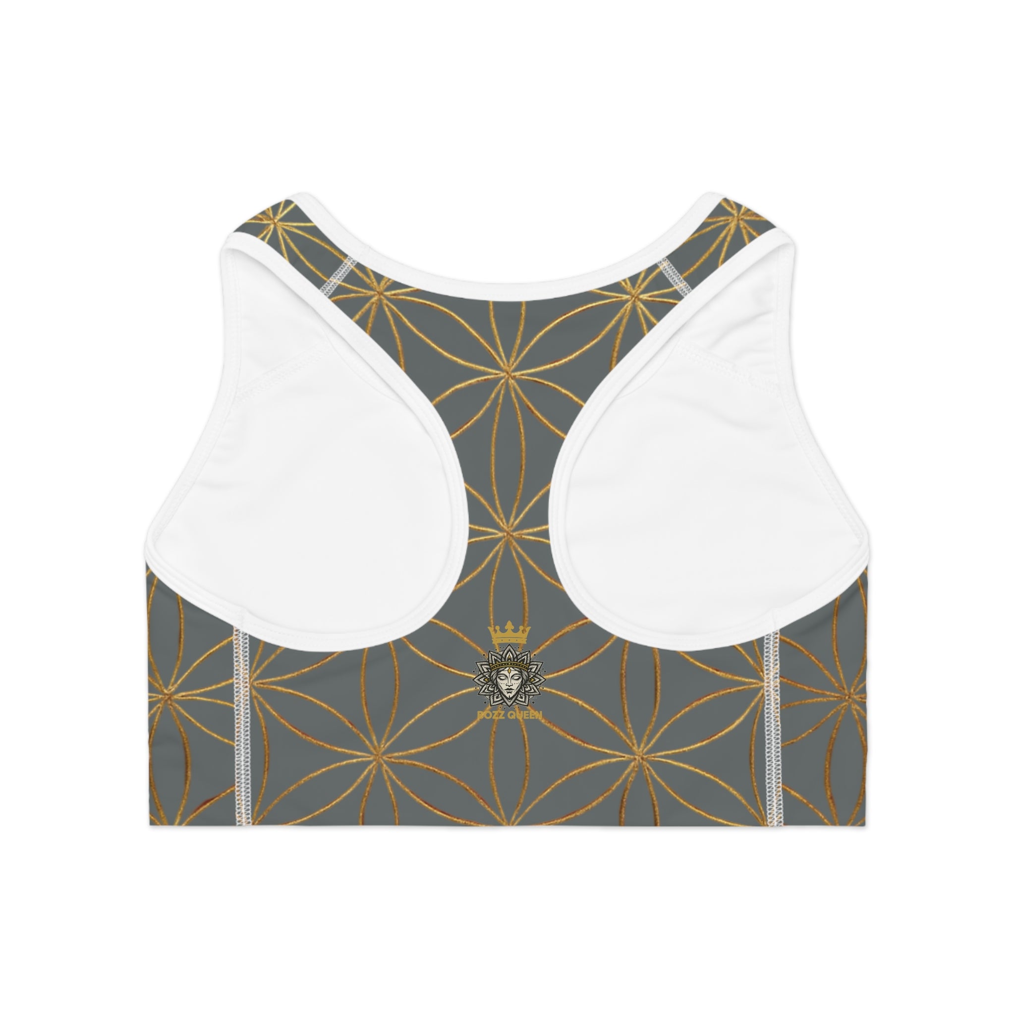 Bozz Queen Dark Grey & Gold Flower of Life Sports Bra - Yoga Workout Top
