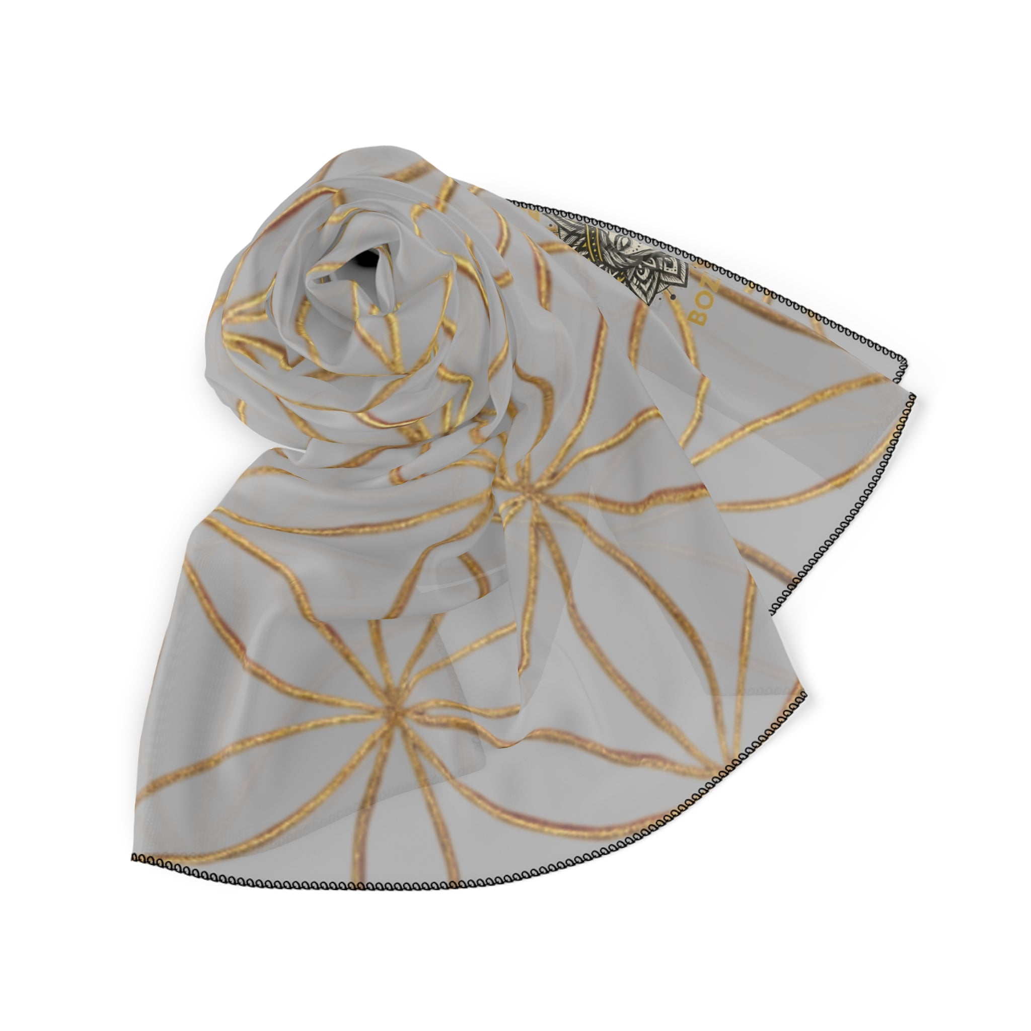 Bozz Queen Flower of Life Scarf - Light Grey & Gold Elegant Lightweight Poly Scarf
