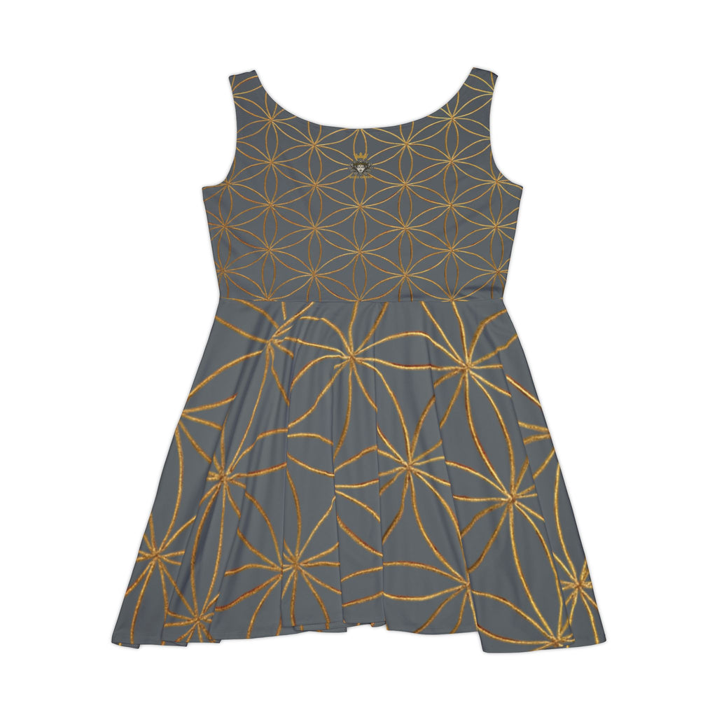Dark Grey Flower of Life Skater Dress - Women's Floral Gold Print Summer Dress
