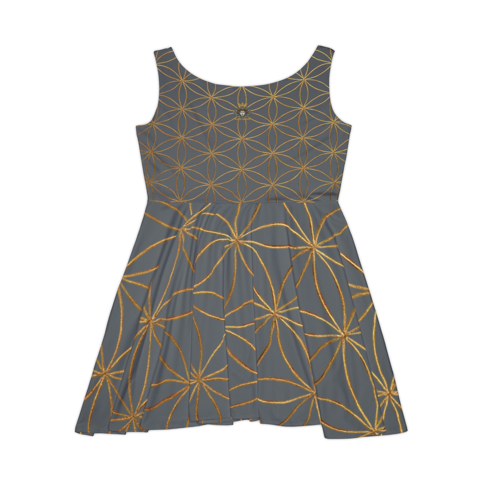 Dark Grey Flower of Life Skater Dress - Women's Floral Gold Print Summer Dress