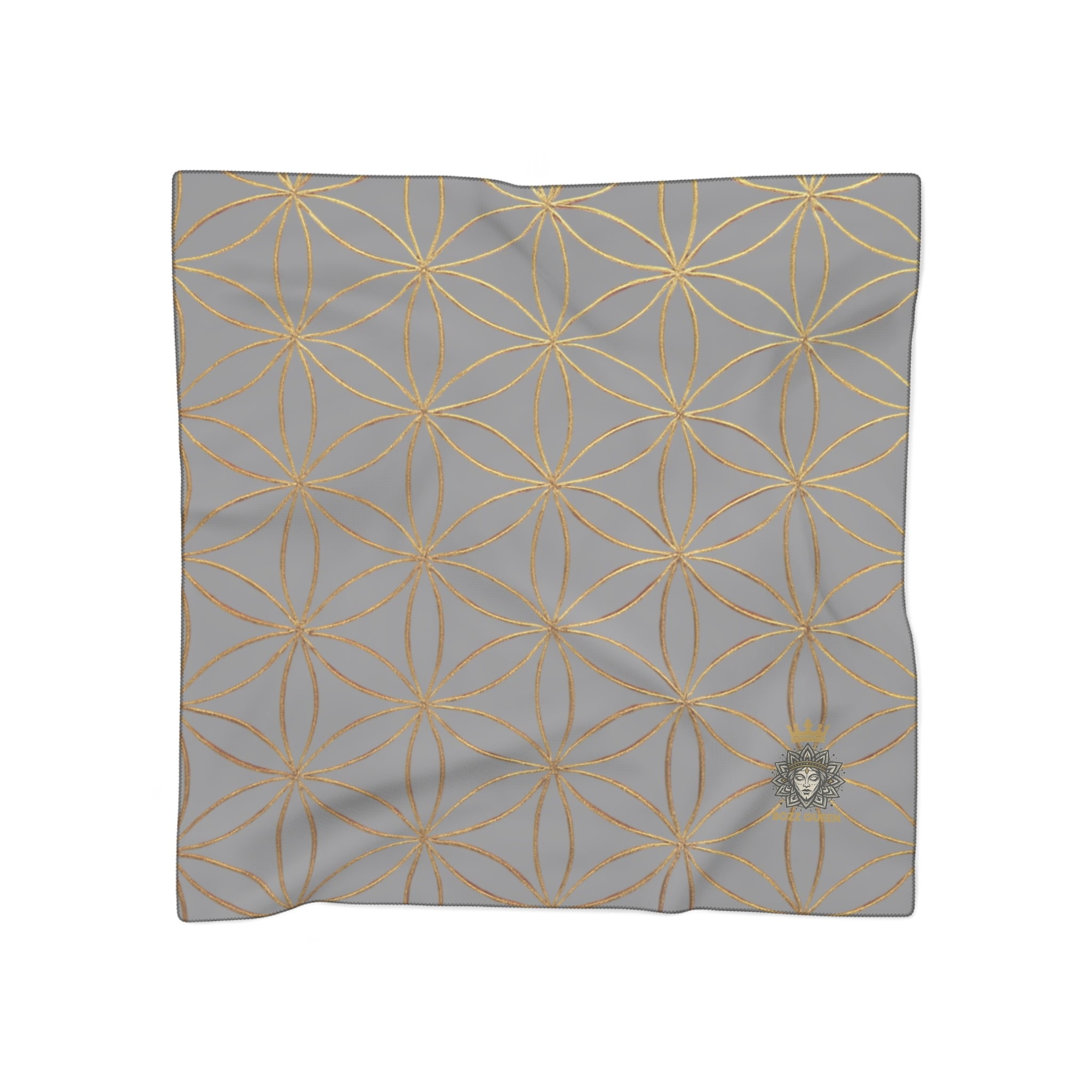 Bozz Queen Flower of Life Scarf - Grey & Gold Elegant Lightweight Poly Scarf
