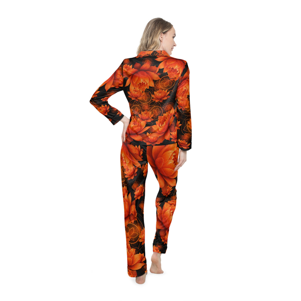 Orange Sacral Chakra Floral Satin Pajamas Set - Luxurious Women's Sleepwear